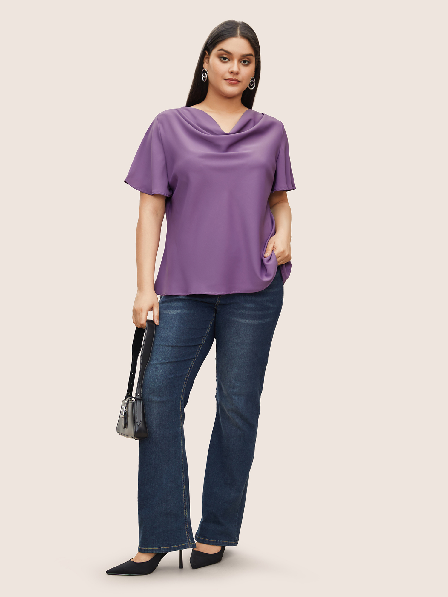 

Plus Size Mauve Plain Cowl Neck Ruffle Sleeve Blouse Women Work From Home Short sleeve Cowl Neck Work Blouses BloomChic