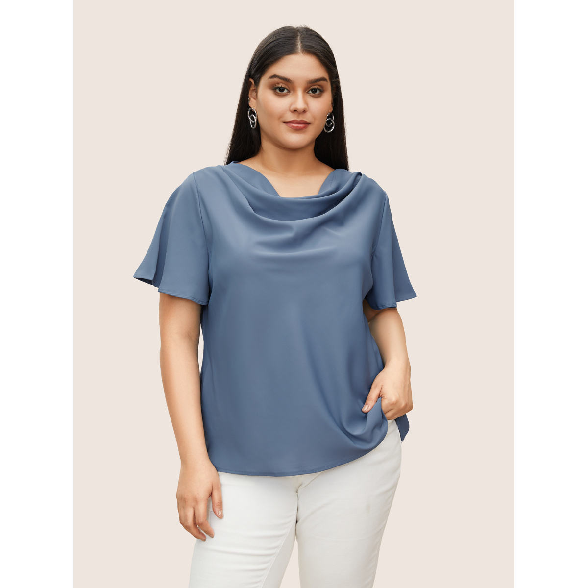 

Plus Size Stone Plain Cowl Neck Ruffle Sleeve Blouse Women Work From Home Short sleeve Cowl Neck Work Blouses BloomChic