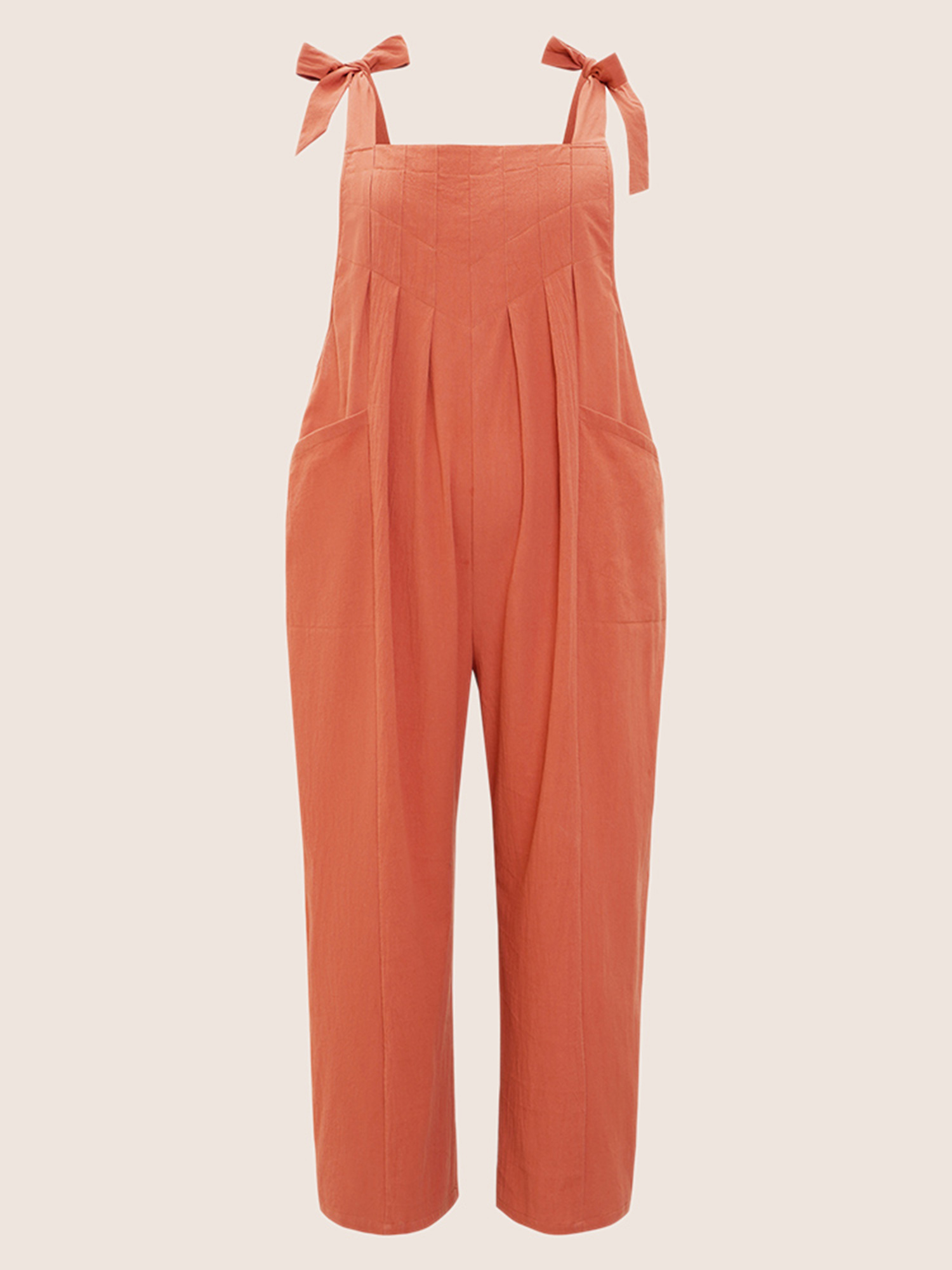 

Plus Size Rust Solid Pleated Detail Pocket Knotted Shoulder Overall Jumpsuit Women Casual Non Everyday Loose Jumpsuits BloomChic