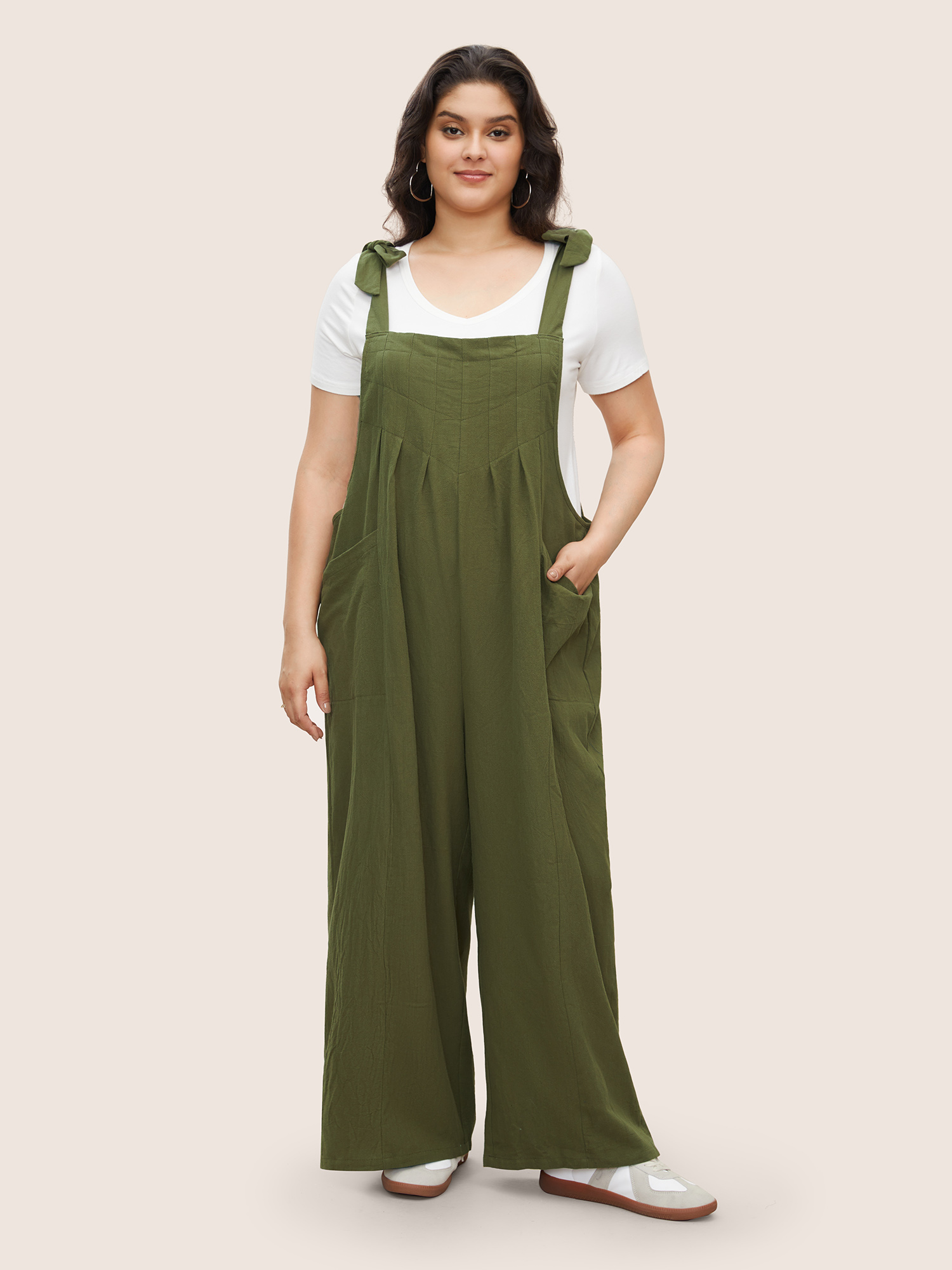 

Plus Size ArmyGreen Solid Pleated Detail Pocket Knotted Shoulder Overall Jumpsuit Women Casual Sleeveless Non Everyday Loose Jumpsuits BloomChic