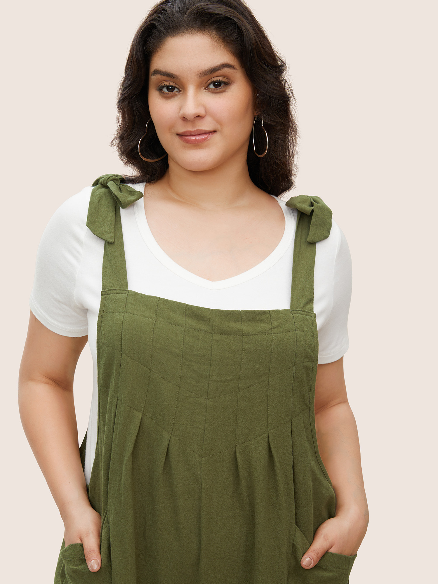 

Plus Size ArmyGreen Solid Pleated Detail Pocket Knotted Shoulder Overall Jumpsuit Women Casual Sleeveless Non Everyday Loose Jumpsuits BloomChic