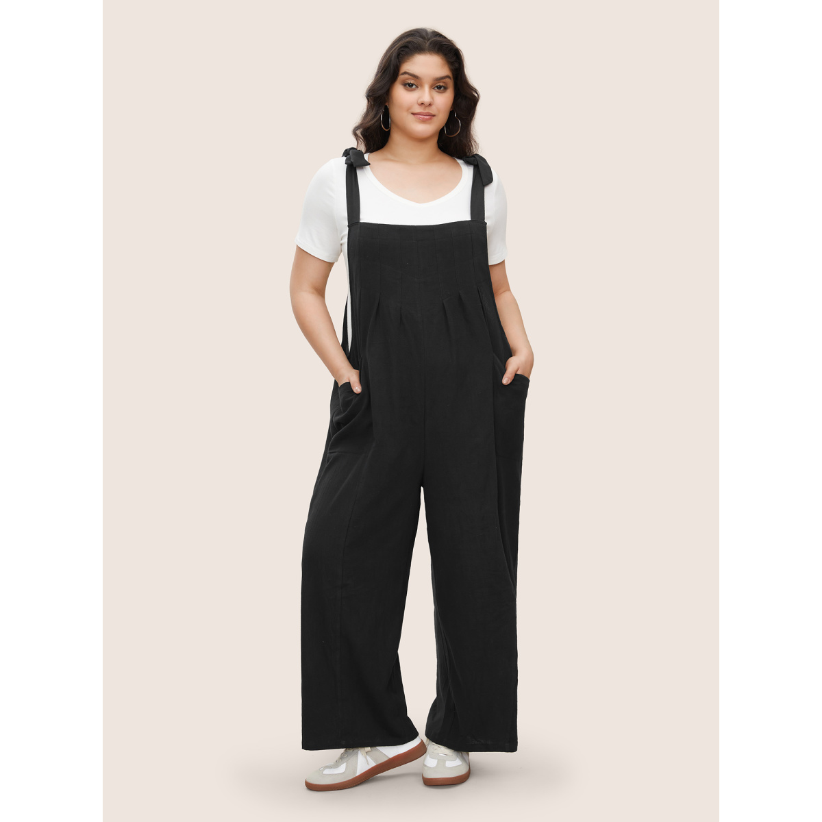 

Plus Size Black Solid Pleated Detail Pocket Knotted Shoulder Overall Jumpsuit Women Casual Non Everyday Loose Jumpsuits BloomChic