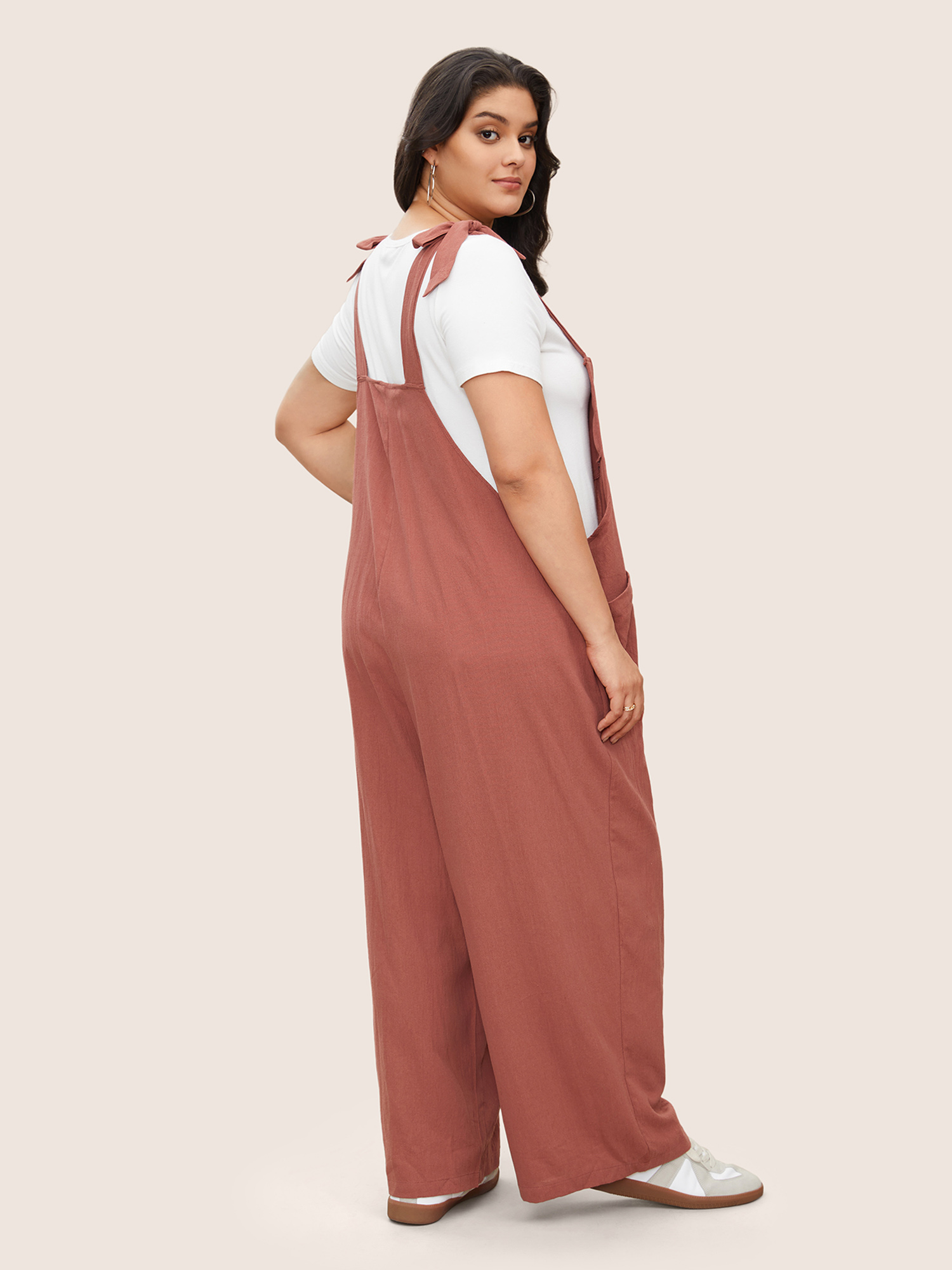 

Plus Size DustyPink Solid Pleated Detail Pocket Knotted Shoulder Overall Jumpsuit Women Casual Non Everyday Loose Jumpsuits BloomChic