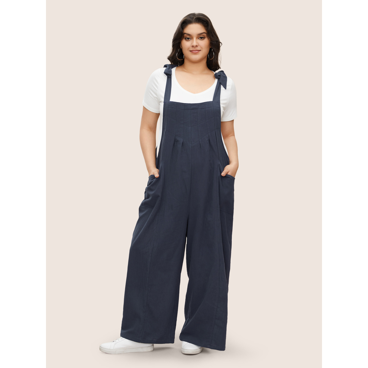 

Plus Size Navy Solid Pleated Detail Pocket Knotted Shoulder Overall Jumpsuit Women Casual Non Everyday Loose Jumpsuits BloomChic