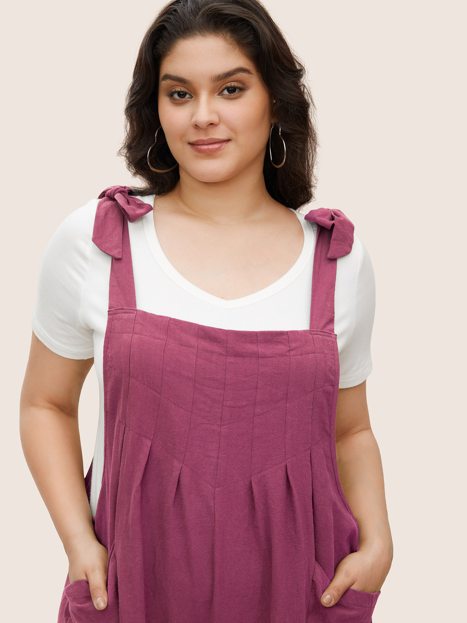 

Plus Size RedViolet Solid Pleated Detail Pocket Knotted Shoulder Overall Jumpsuit Women Casual Sleeveless Non Everyday Loose Jumpsuits BloomChic