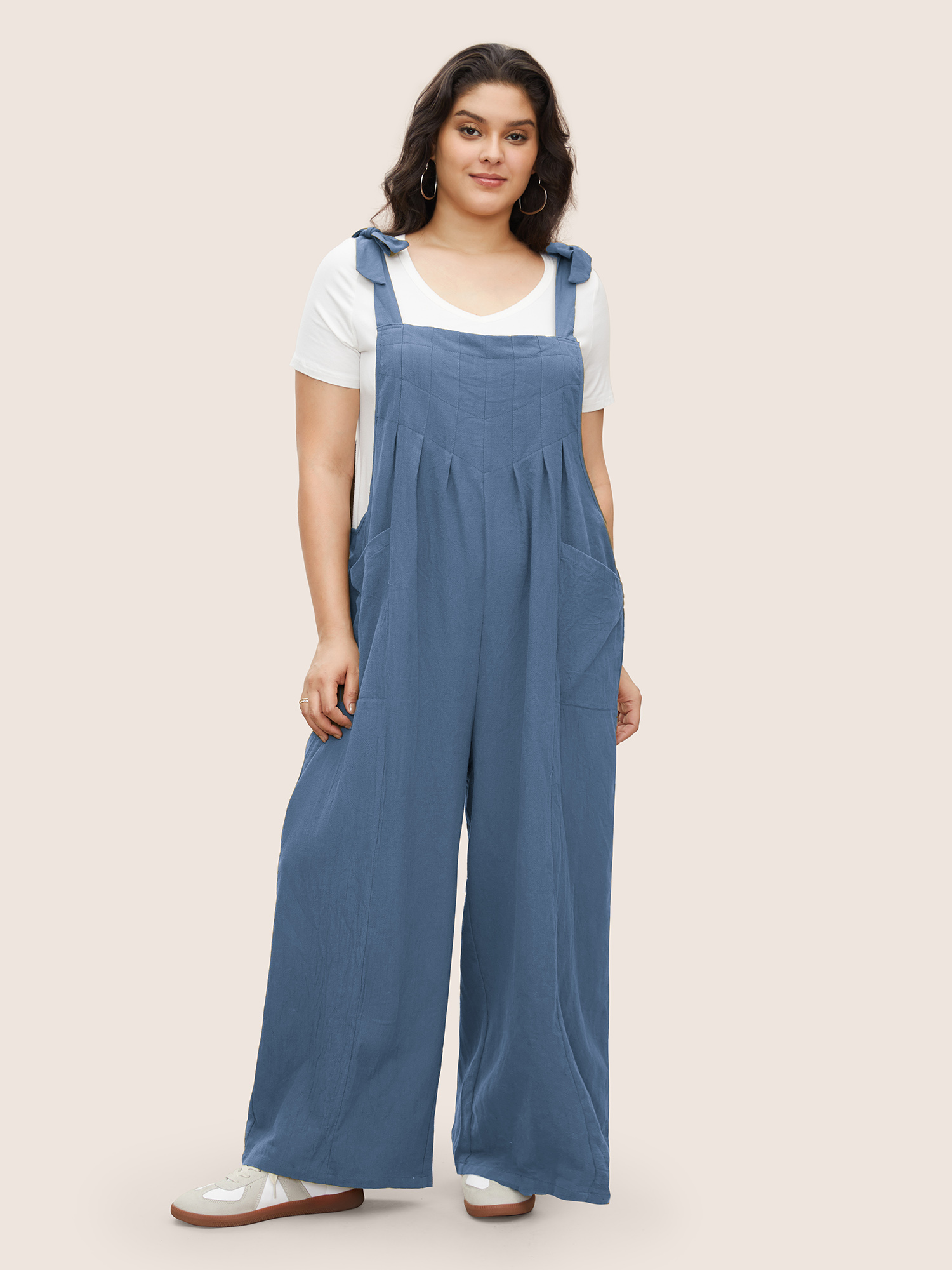 

Plus Size Stone Solid Pleated Detail Pocket Knotted Shoulder Overall Jumpsuit Women Casual Sleeveless Non Everyday Loose Jumpsuits BloomChic