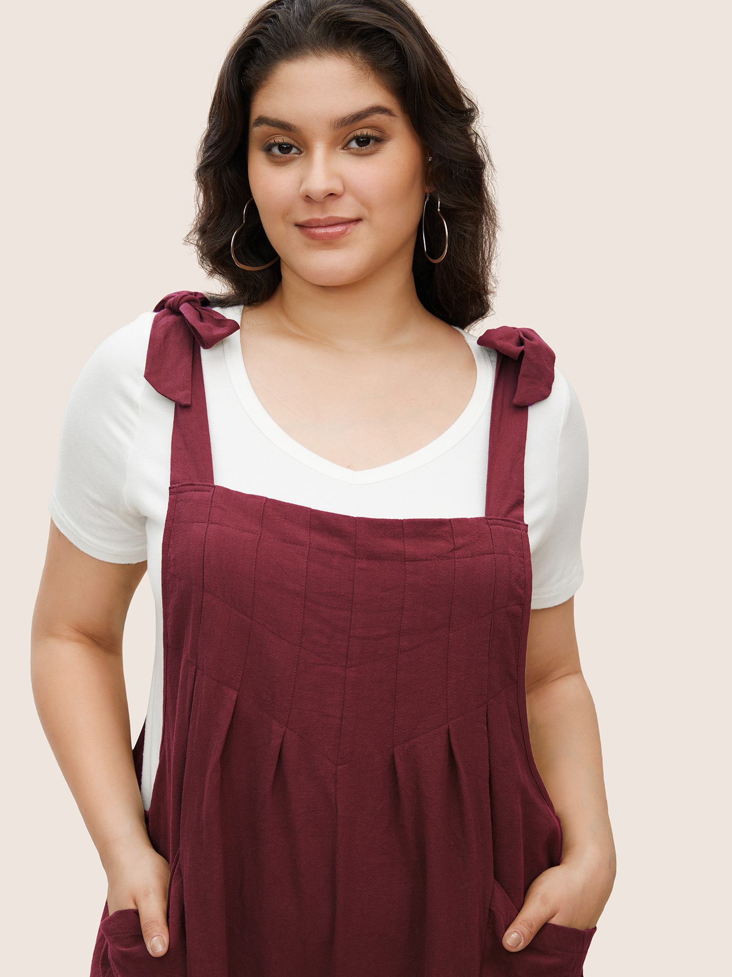 Plus Size Burgundy Solid Pleated Detail Pocket Knotted Shoulder Overall Jumpsuit Women Casual Sleeveless Non Everyday Loose Jumpsuits BloomChic 30/6X 