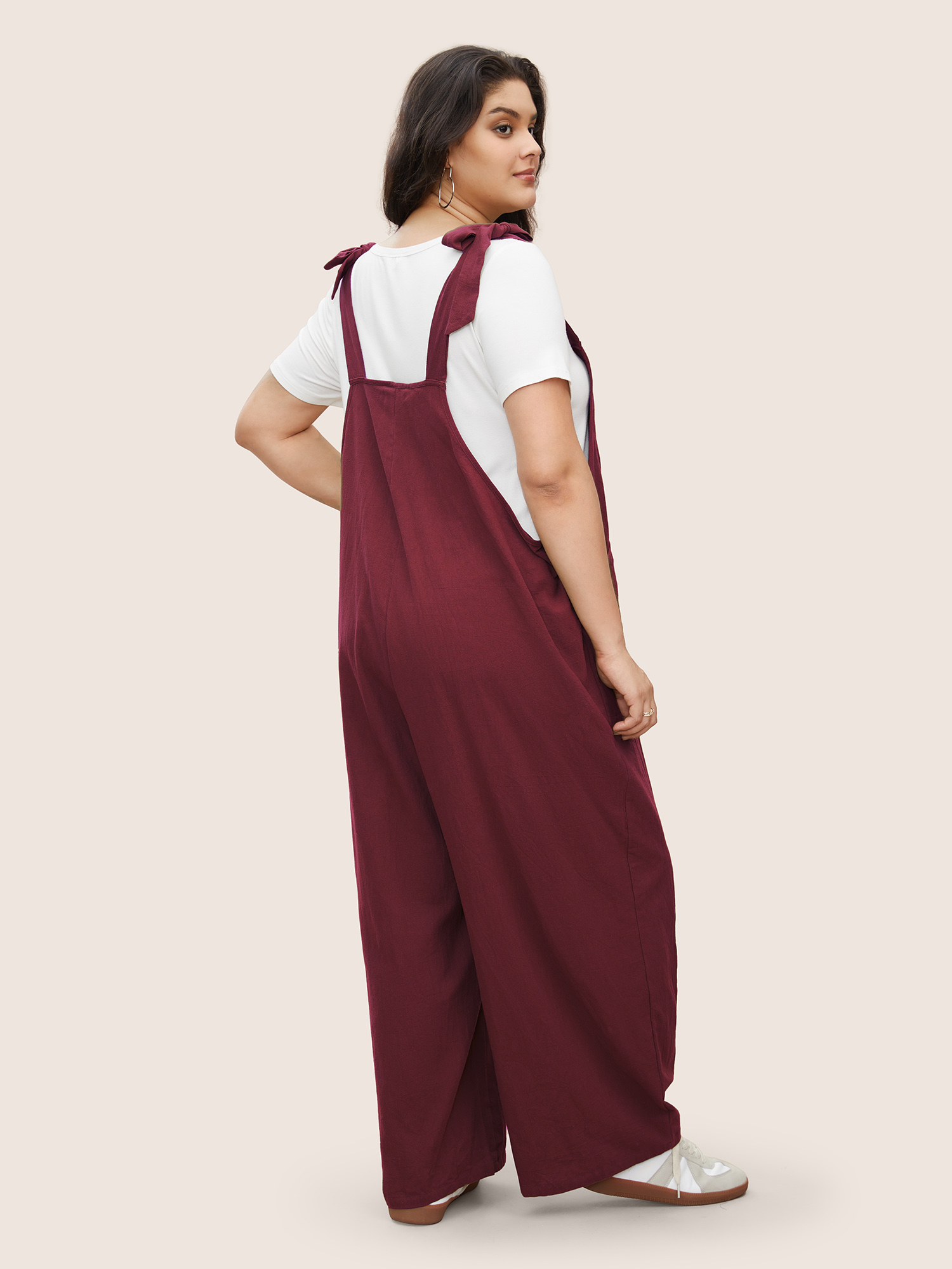 Plus Size Burgundy Solid Pleated Detail Pocket Knotted Shoulder Overall Jumpsuit Women Casual Sleeveless Non Everyday Loose Jumpsuits BloomChic 30/6X 