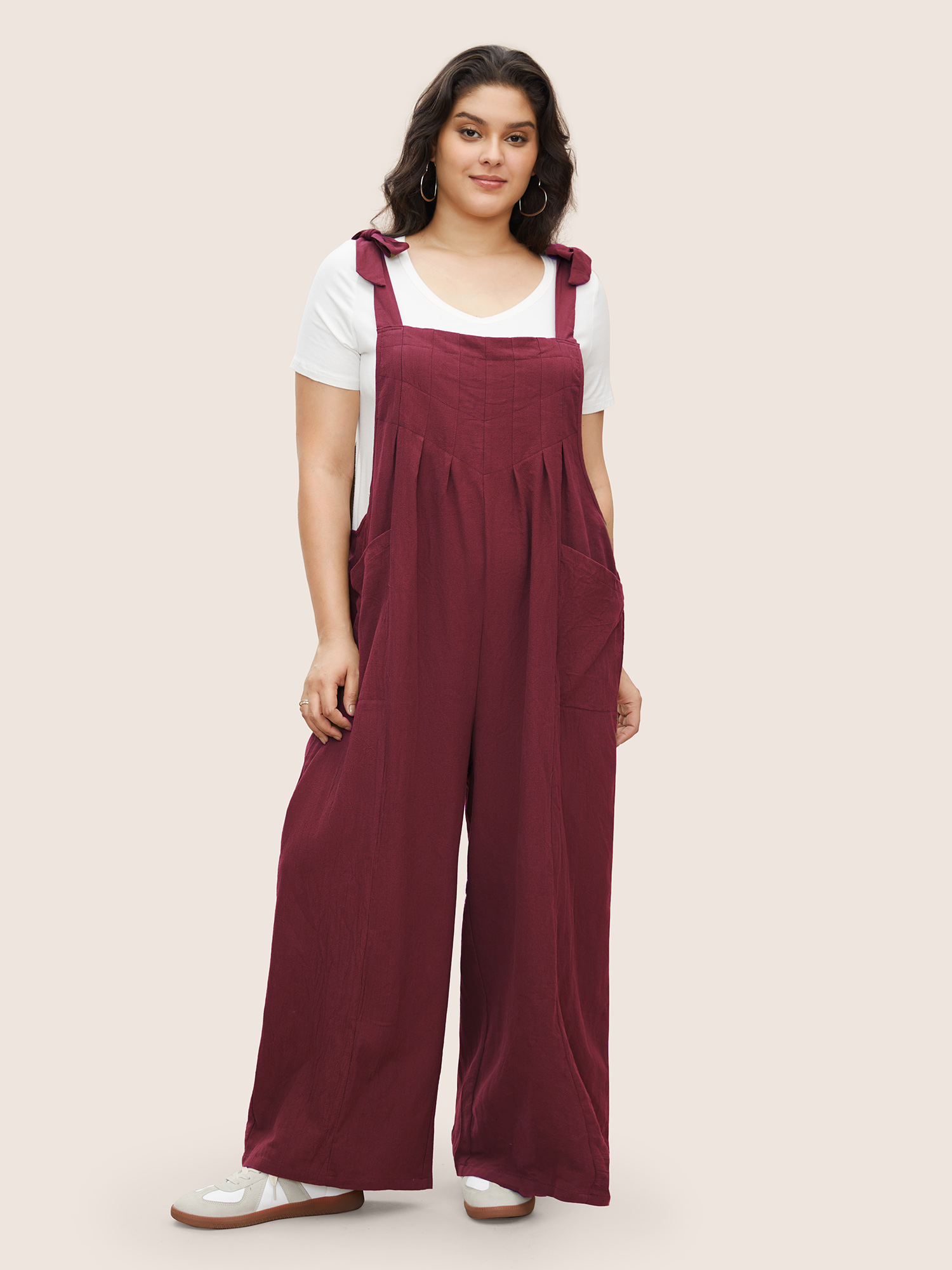 

Plus Size Burgundy Solid Pleated Detail Pocket Knotted Shoulder Overall Jumpsuit Women Casual Non Everyday Loose Jumpsuits BloomChic