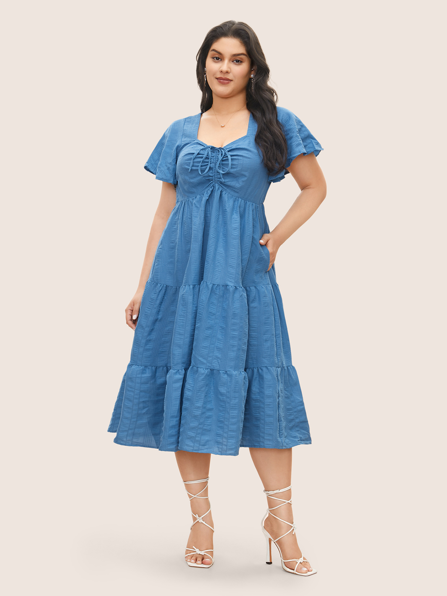 

Plus Size Plain Ruched Drawstring Pocket Ruffle Tiered Dress Cerulean Women Elegant Non V-neck Short sleeve Curvy Midi Dress BloomChic