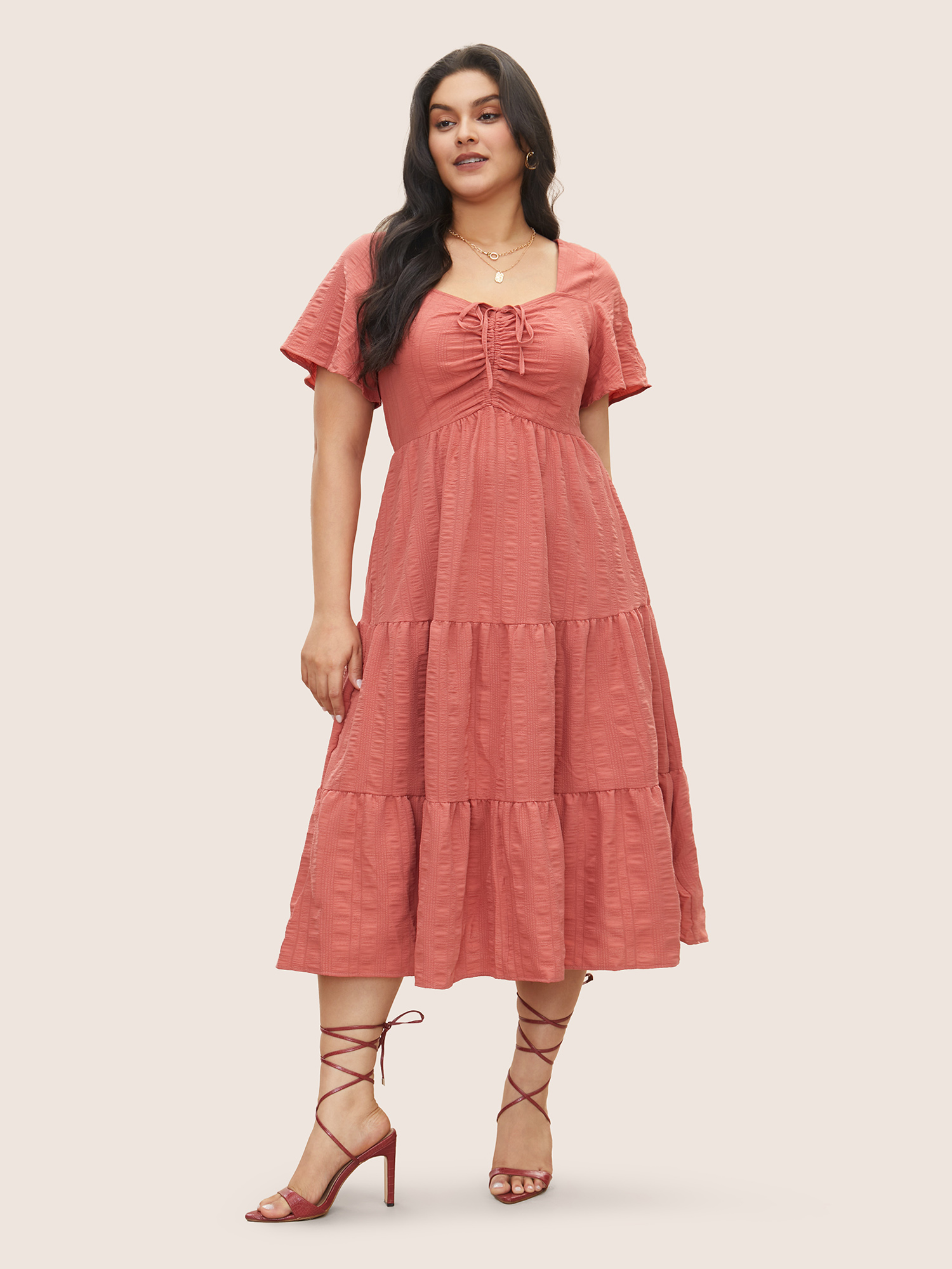 Plus Size Plain Ruched Drawstring Pocket Ruffle Tiered Dress DustyPink Women Elegant Non V-neck Short sleeve Curvy Midi Dress BloomChic 10/M 