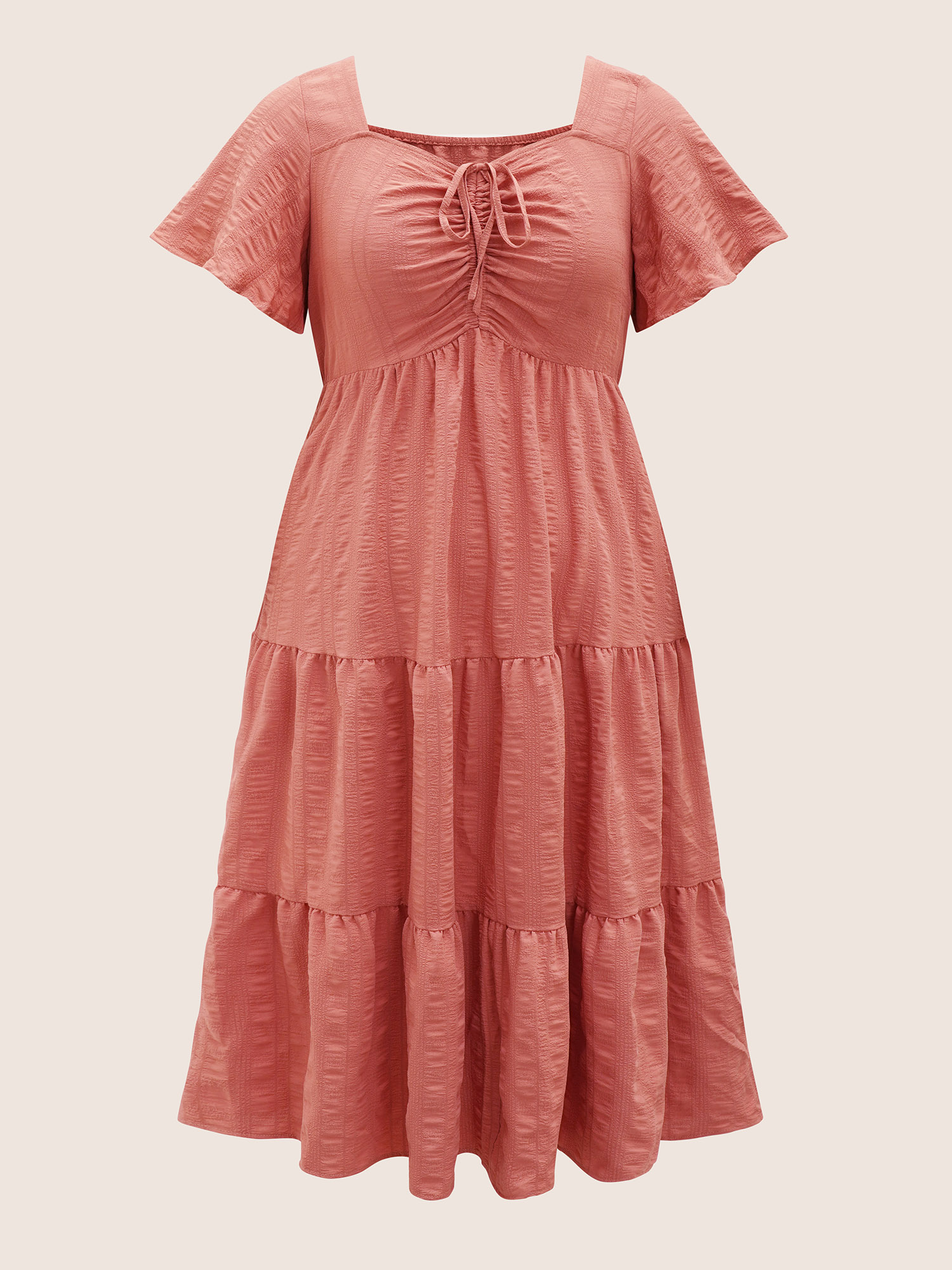Plus Size Plain Ruched Drawstring Pocket Ruffle Tiered Dress DustyPink Women Elegant Non V-neck Short sleeve Curvy Midi Dress BloomChic 10/M 