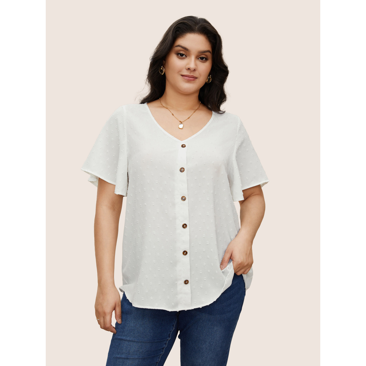 

Button Front Plus Size Women Dailywear Plain Casual Blouses Loose Ruffle Sleeve Short Sleeve V Neck Going Out Blouses BloomChic, White