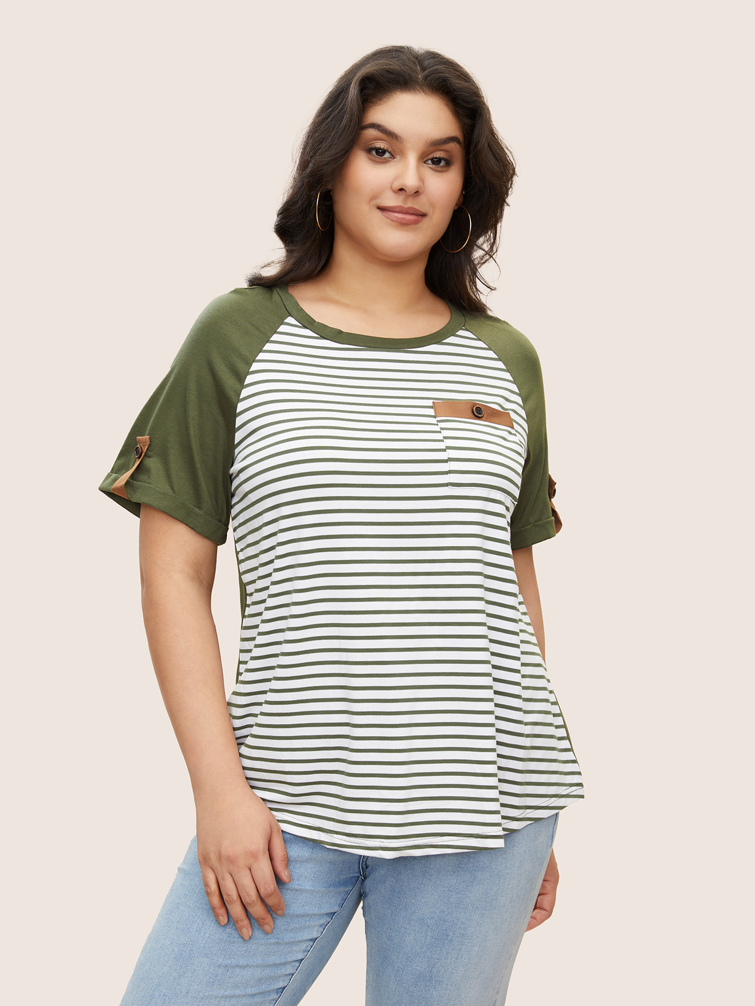 

Plus Size Striped Contrast Patched Pocket Roll Raglan Sleeve T-shirt ArmyGreen Women Casual Contrast Striped Everyday T-shirts BloomChic