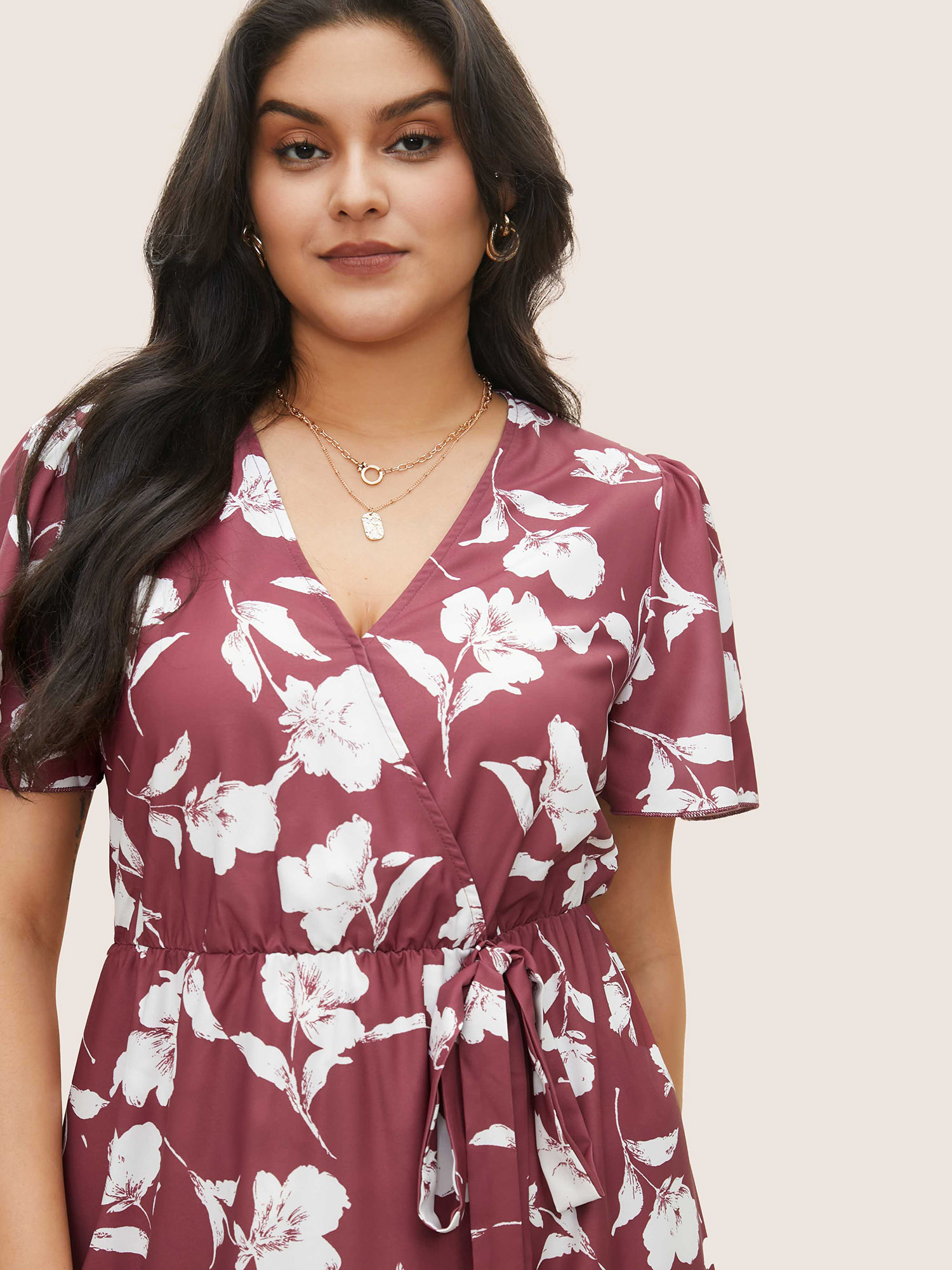 Plus Size Floral Ruffle Knot Side Wrap Dress DustyPink Women Elegant Ruffles V-neck Short sleeve Curvy Midi Dress BloomChic 14/1X 