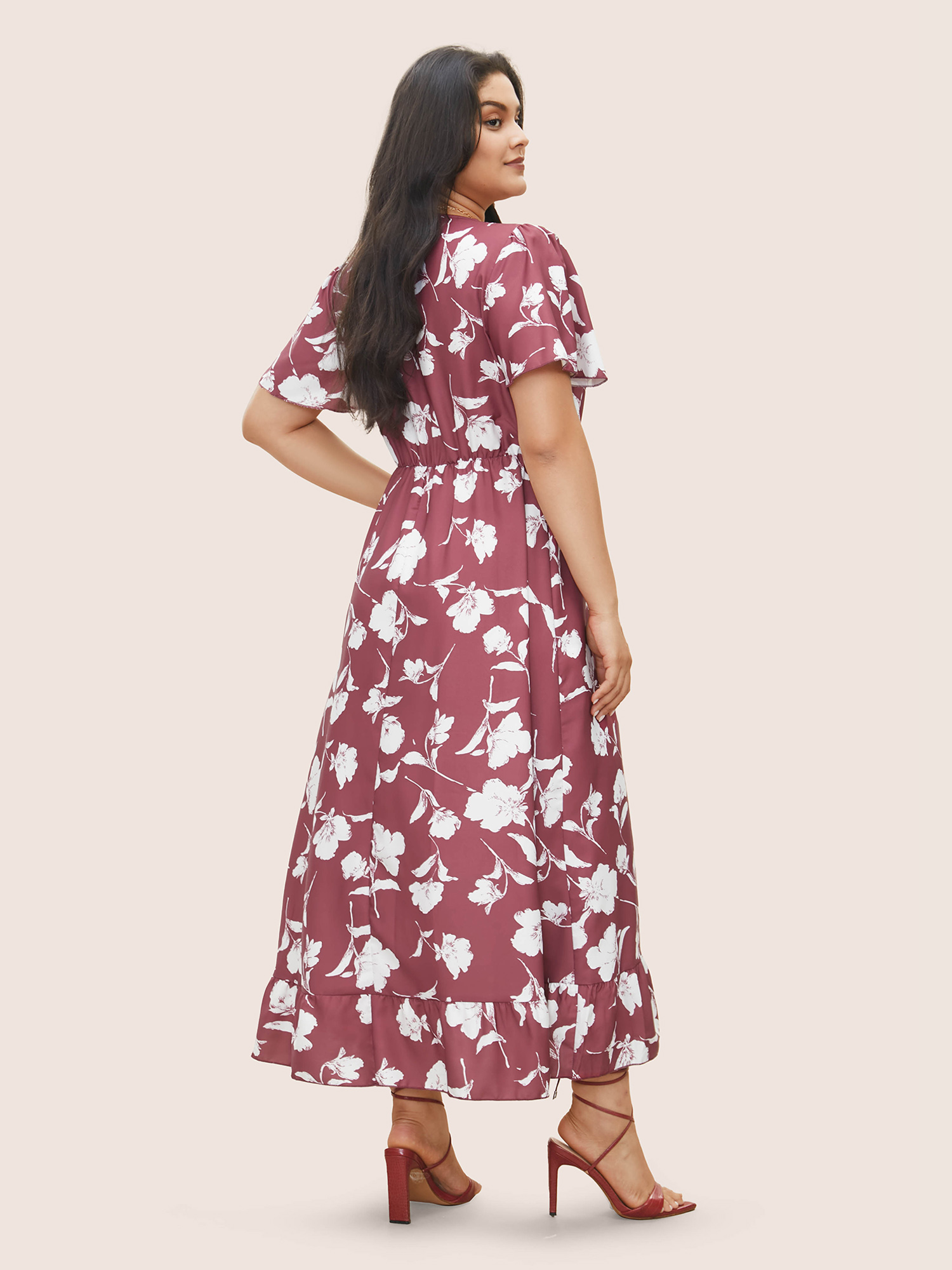 Plus Size Floral Ruffle Knot Side Wrap Dress DustyPink Women Elegant Ruffles V-neck Short sleeve Curvy Midi Dress BloomChic 14/1X 