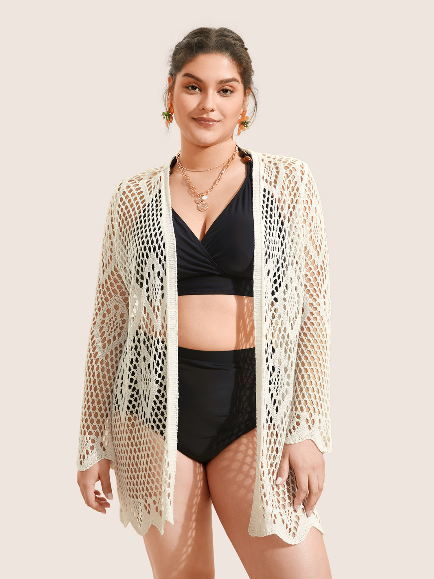 

Plus Size Geometric Cut Out See Through Swim Cover Up Women's Swimwear Ivory Beach Texture Curve Swim Cover Ups BloomChic