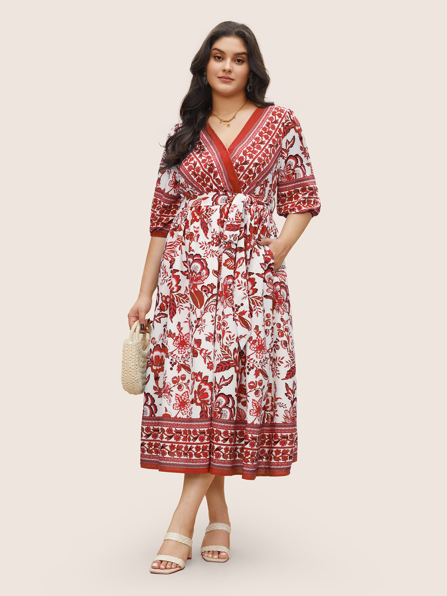 

Plus Size Bandana Print Surplice Neck Lantern Sleeve Pocket Belted Midi Dress OrangeRed Women Resort Non V-neck Half Sleeve Curvy Midi Dress BloomChic