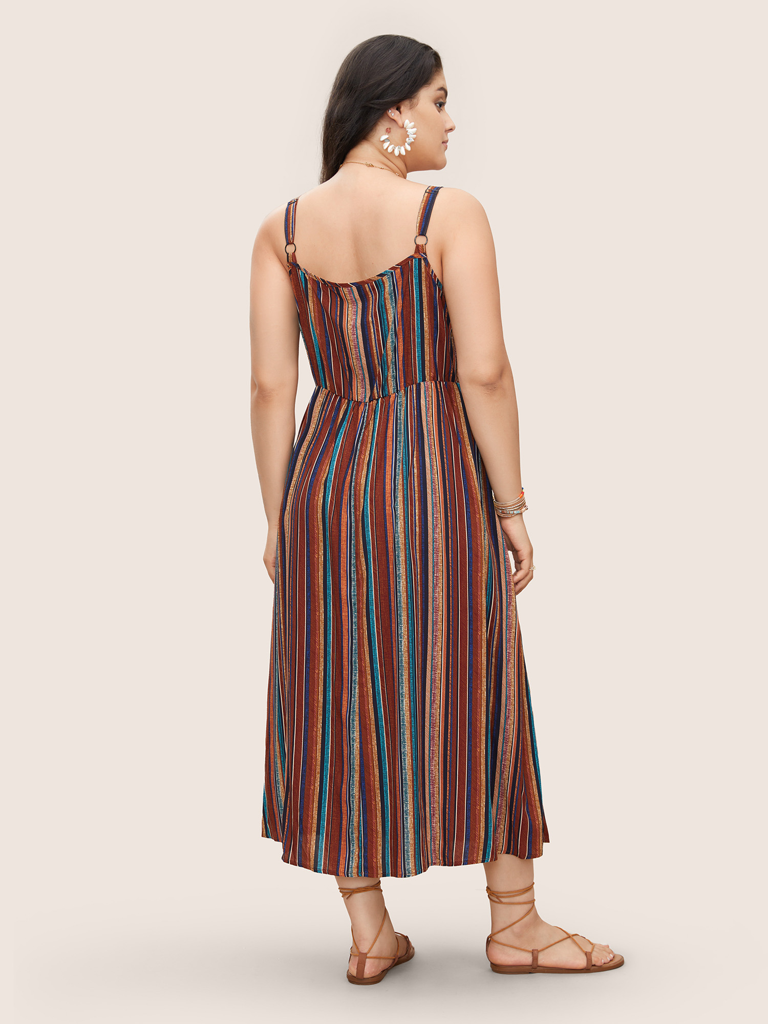 Plus Size Striped Contrast Pocket Split Ruffle Hem Spaghetti Strap Dress Multicolor Women Resort Non V-neck Sleeveless Curvy Midi Dress BloomChic 30/6X 