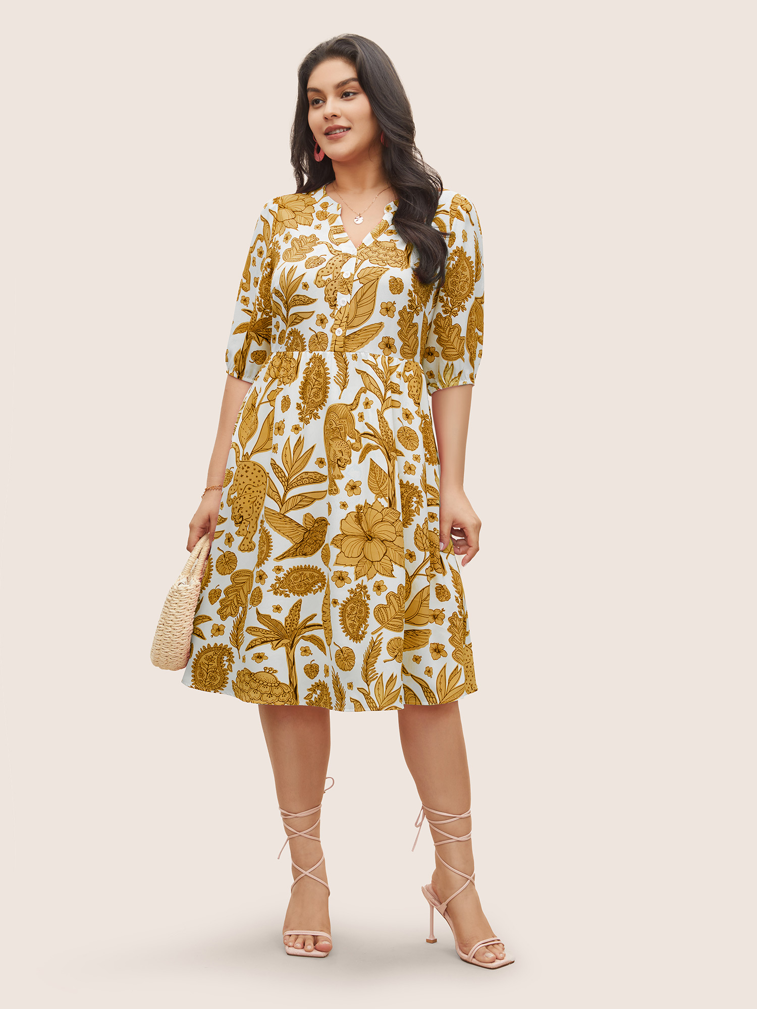 Plus Size Plants & Animal Print Notched Lantern Sleeve Dress Yellow Women Resort Non Notched collar Short sleeve Curvy Midi Dress BloomChic 22-24/3X 