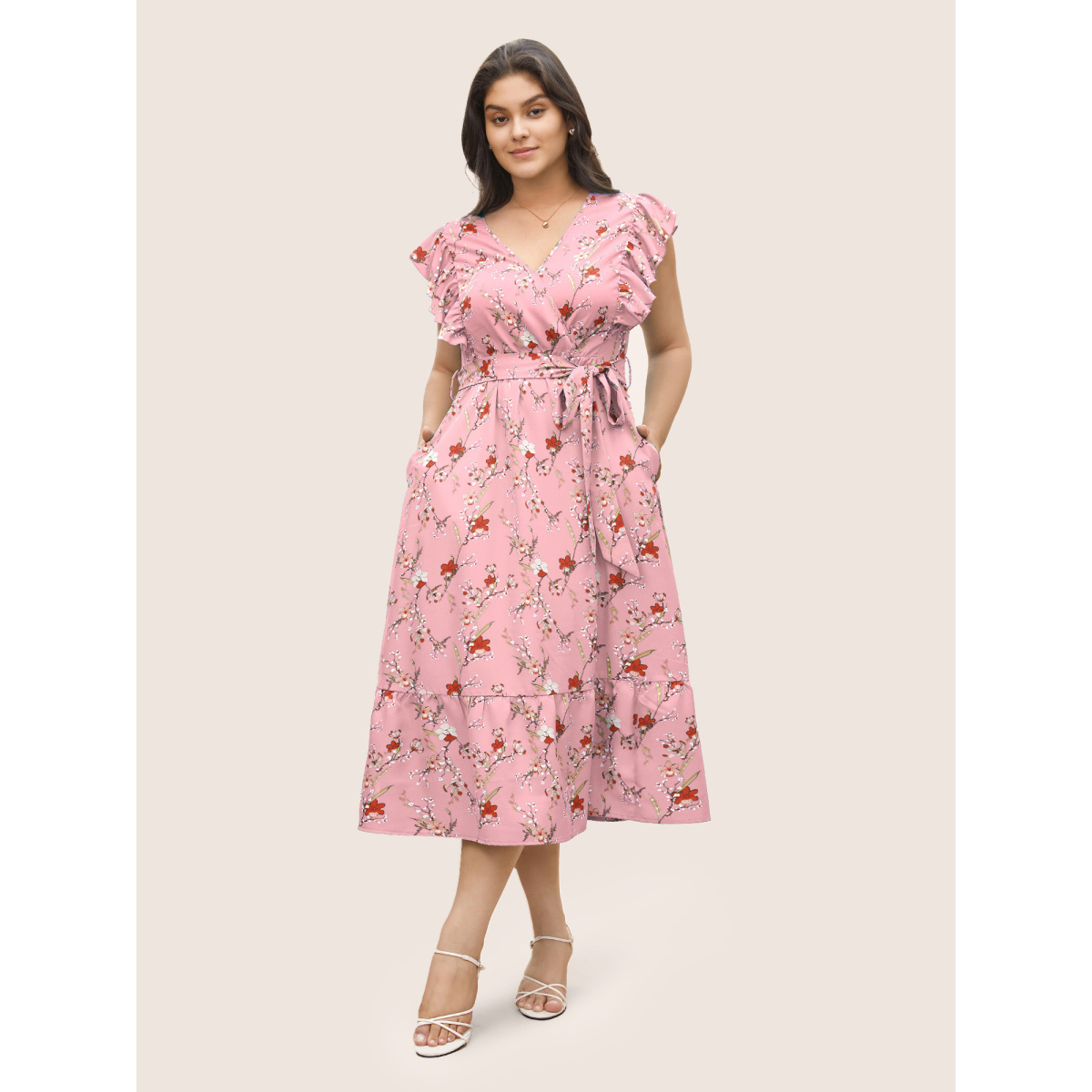 

Plus Size Ditsy Floral Flutter Trim Pocket Layered Hem Dress Pink Women Non Overlap Collar Cap Sleeve Curvy Midi Dress BloomChic