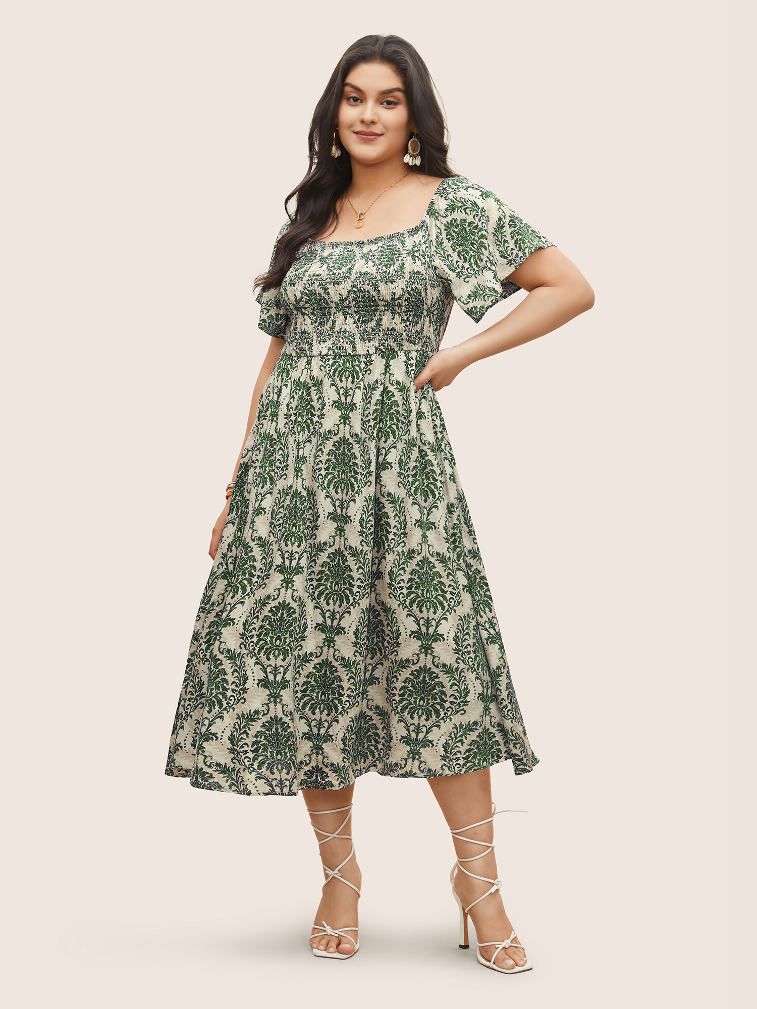 Plus Size Bandana Print Shirred Off Shoulder Dress Moss Women Non One-shoulder neck Short sleeve Curvy Midi Dress BloomChic 10/M 