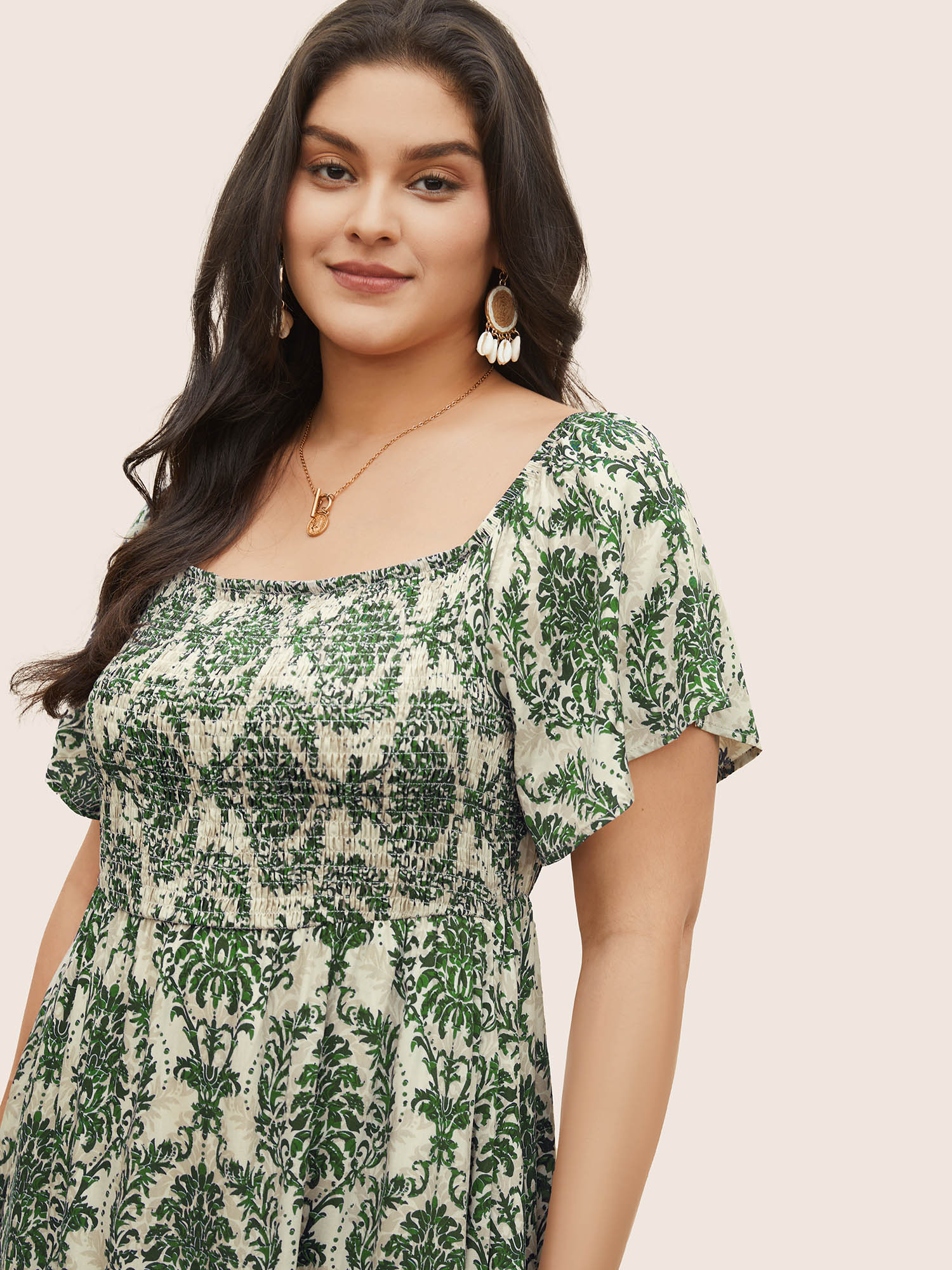 Plus Size Bandana Print Shirred Off Shoulder Dress Moss Women Non One-shoulder neck Short sleeve Curvy Midi Dress BloomChic 10/M 