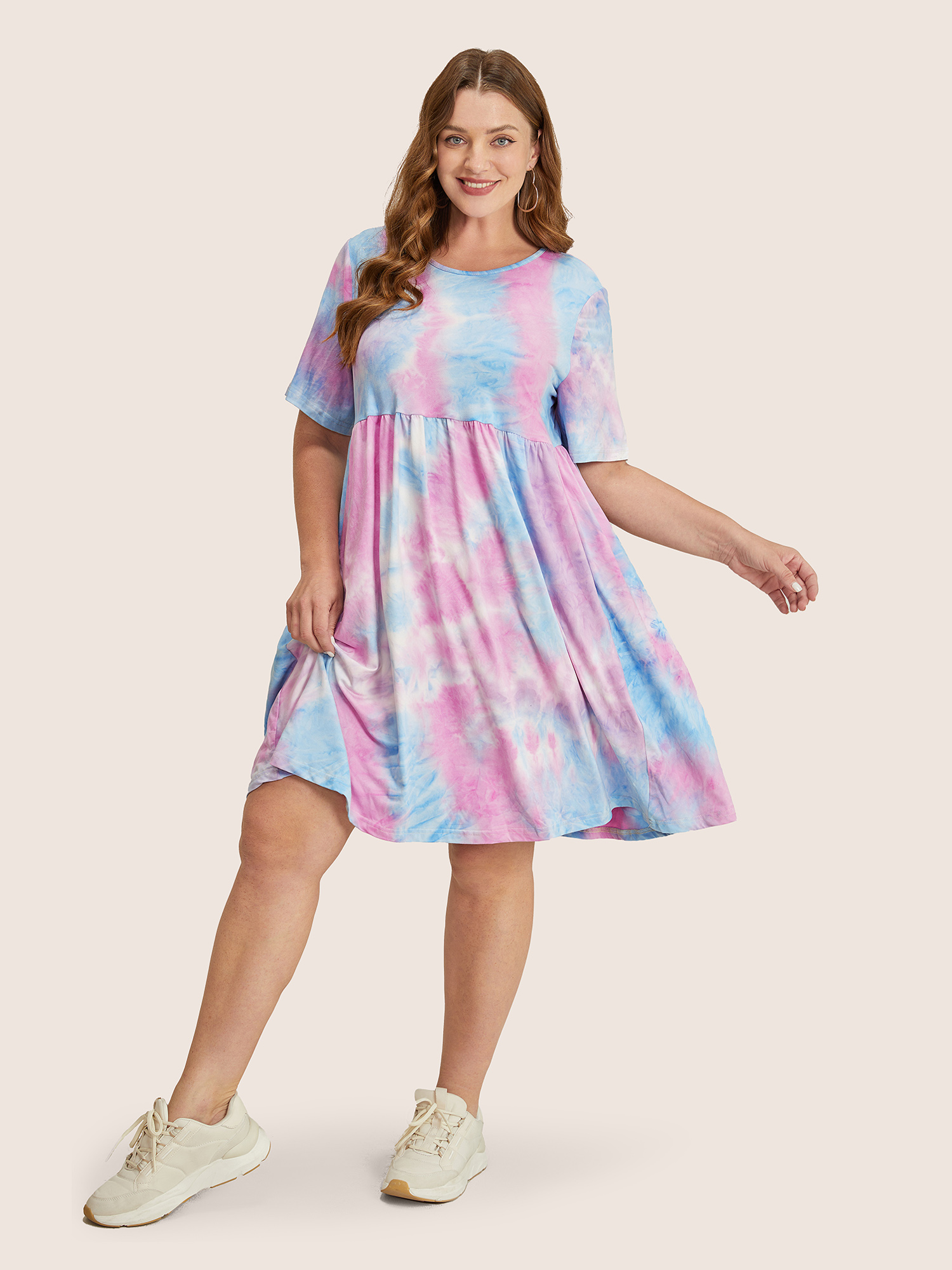 

Plus Size Tie Dye Pocket Ruffle Hem Knee Dress LightBlue Women Casual Non Round Neck Short sleeve Curvy Knee Dress BloomChic