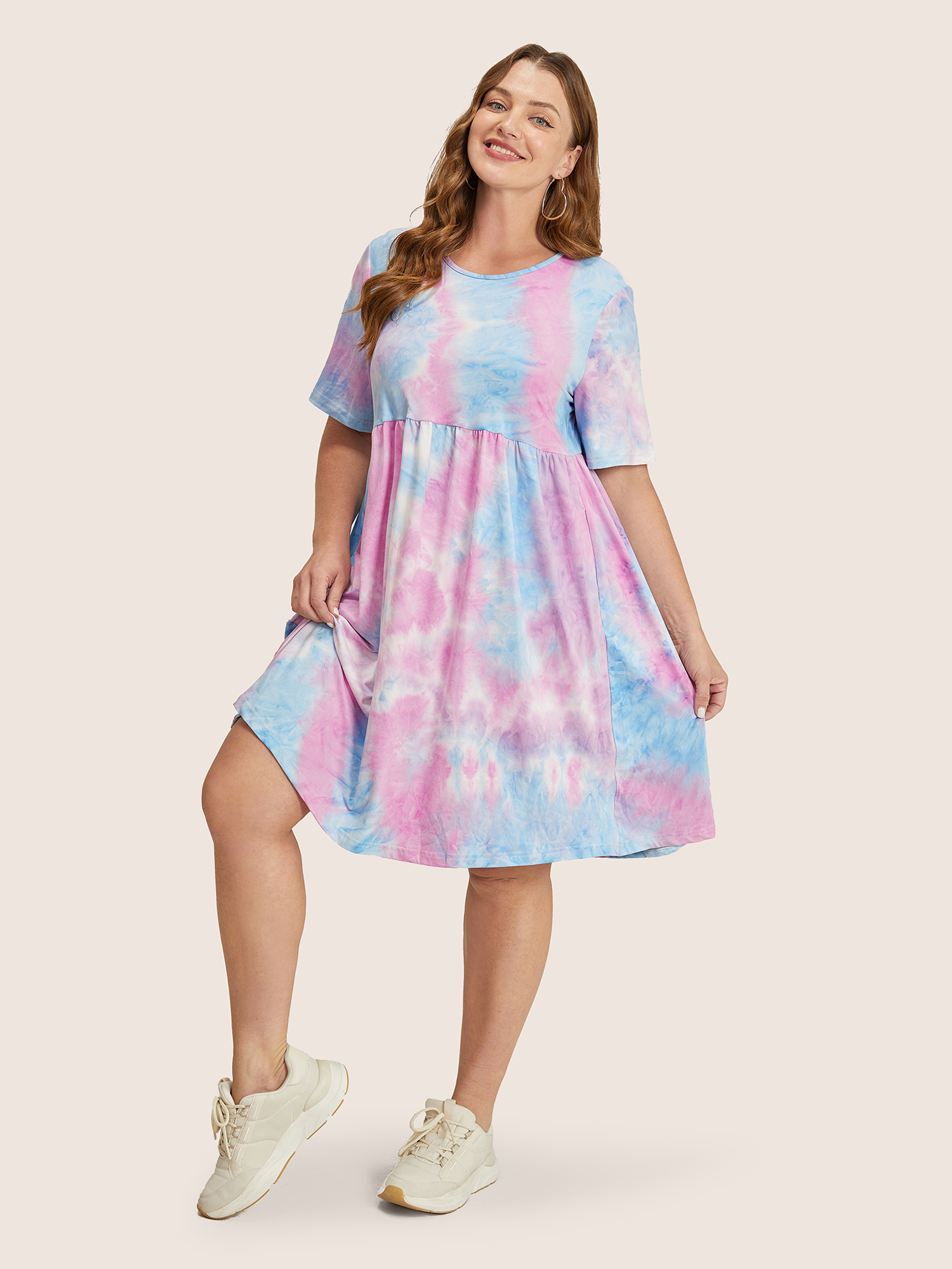 

Plus Size Tie Dye Pocket Ruffle Hem Knee Dress LightBlue Women Casual Non Round Neck Short sleeve Curvy Knee Dress BloomChic