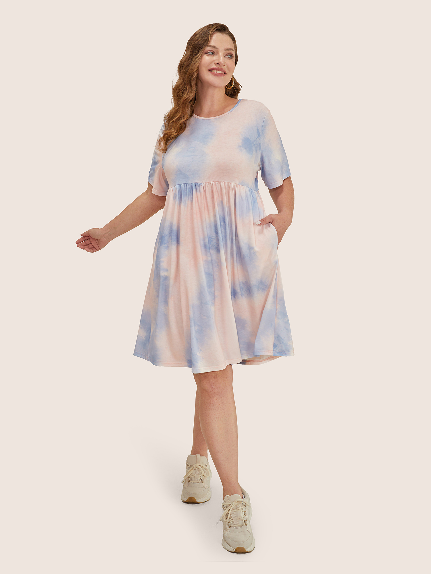 

Plus Size Tie Dye Pocket Ruffle Hem Knee Dress MistyRose Women Casual Non Round Neck Short sleeve Curvy Knee Dress BloomChic