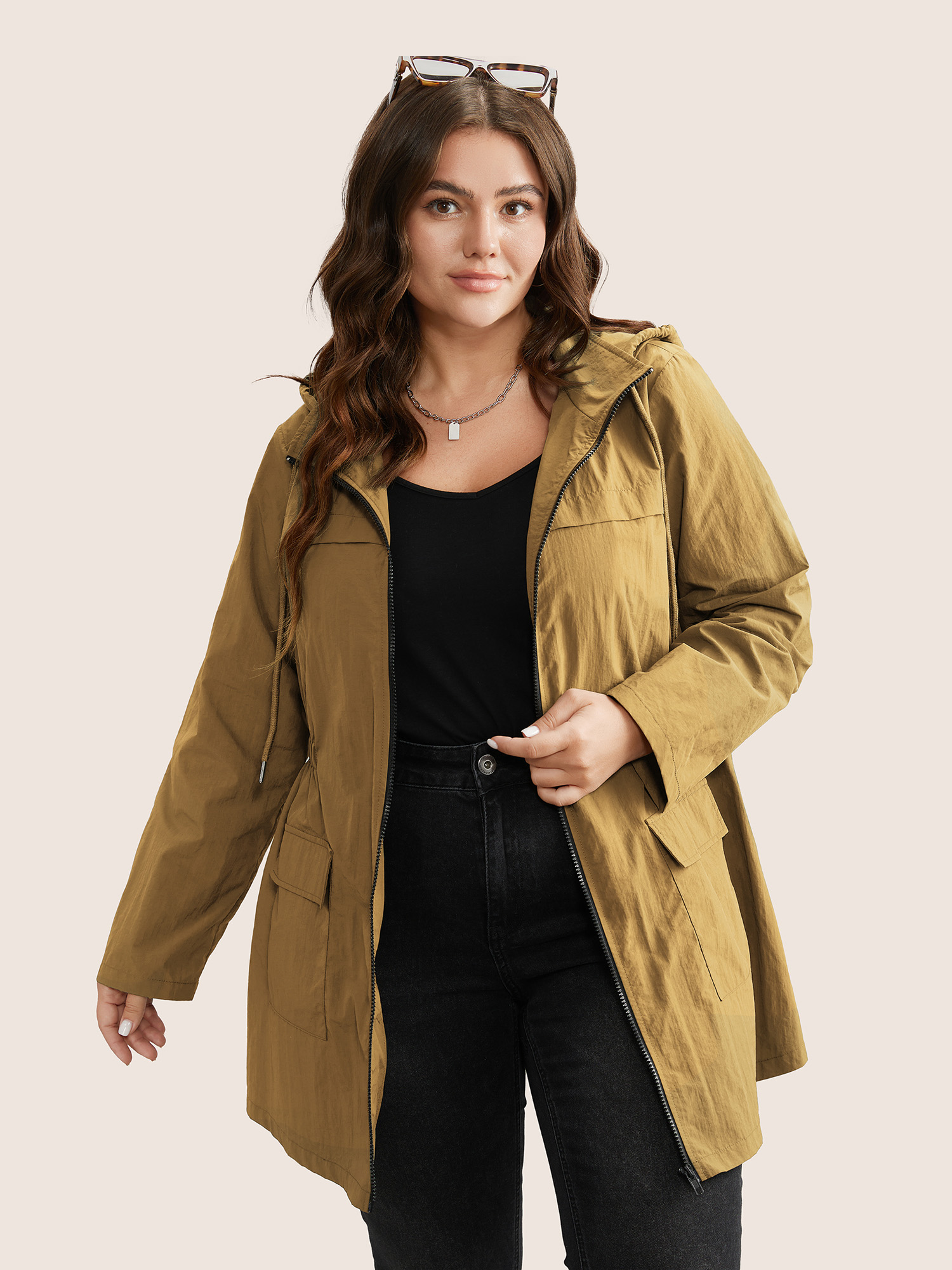 

Plus Size Plain Hooded Drawstring Gathered Zipper Jacket Women Gold Non Patch pocket Everyday Jackets BloomChic