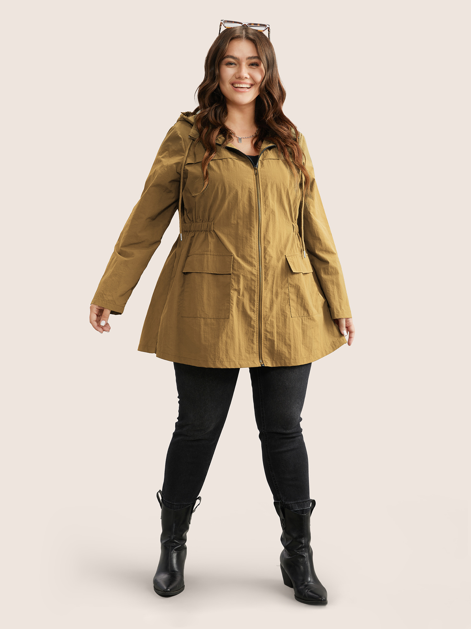 Plus Size Plain Hooded Drawstring Gathered Zipper Jacket Women Gold Non Patch pocket Everyday Jackets BloomChic 10/M 