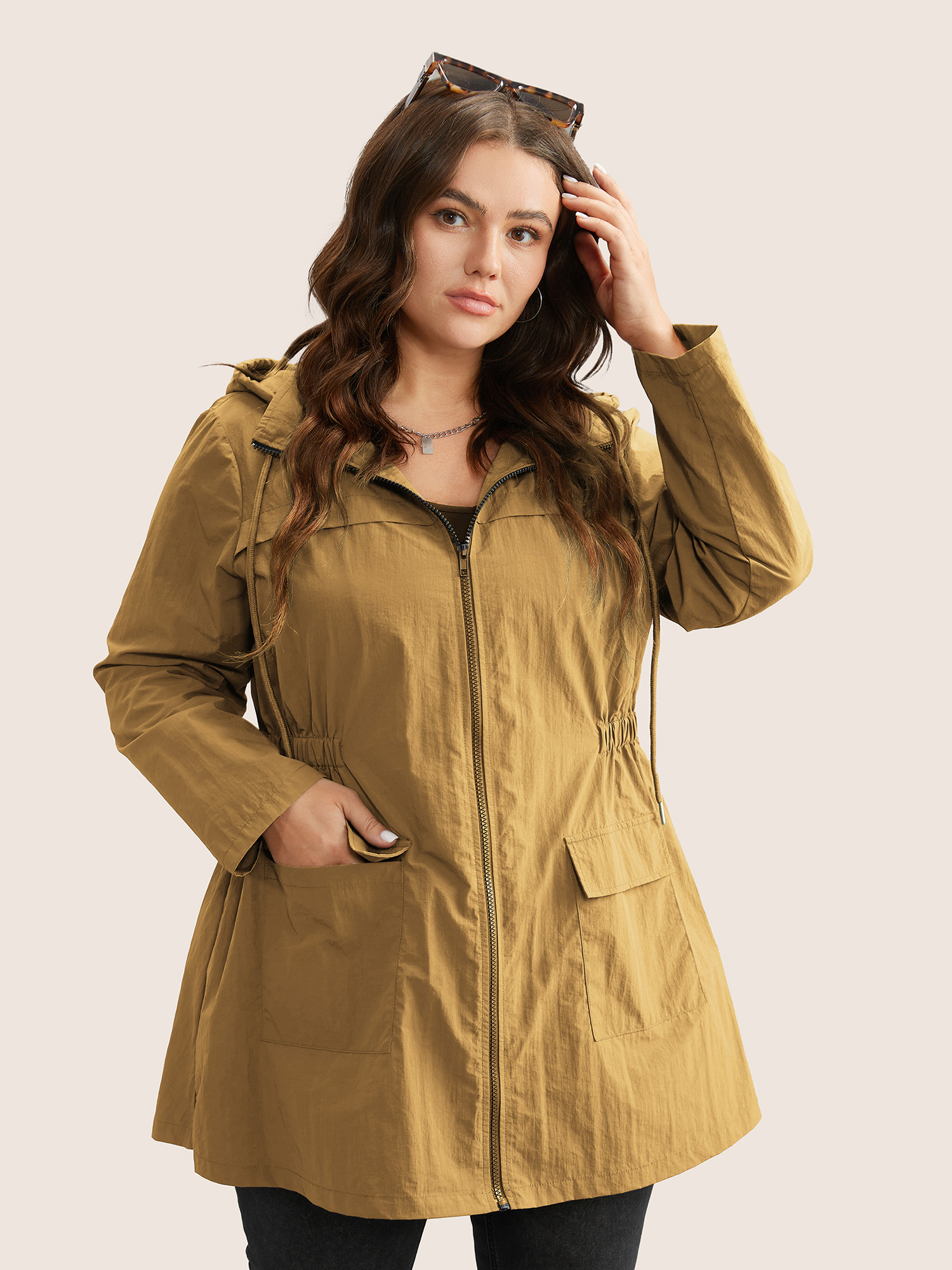 Plus Size Plain Hooded Drawstring Gathered Zipper Jacket Women Gold Non Patch pocket Everyday Jackets BloomChic 10/M 
