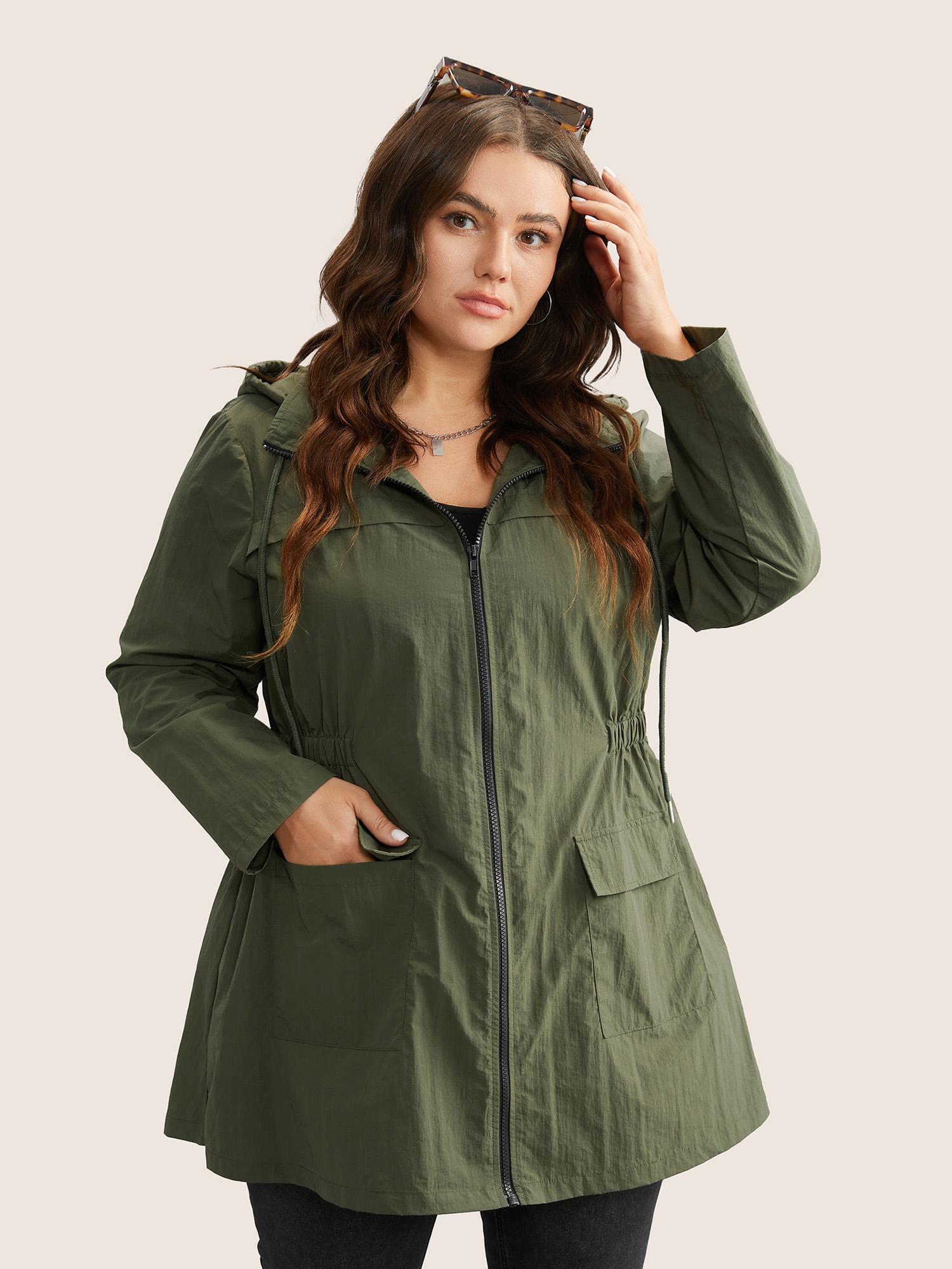 

Plus Size Plain Hooded Drawstring Gathered Zipper Jacket Women ArmyGreen Non Patch pocket Everyday Jackets BloomChic