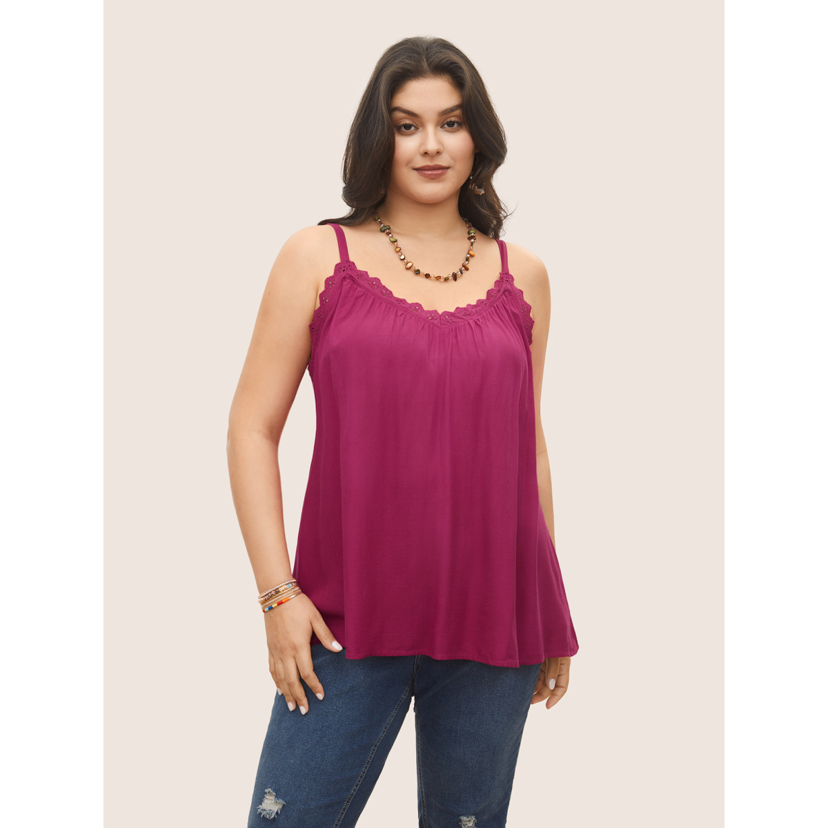 

Plus Size Rayon Lace Panel Gathered Cami Top Women RedViolet Elegant Woven ribbon&lace trim V-neck Everyday Tank Tops Camis BloomChic