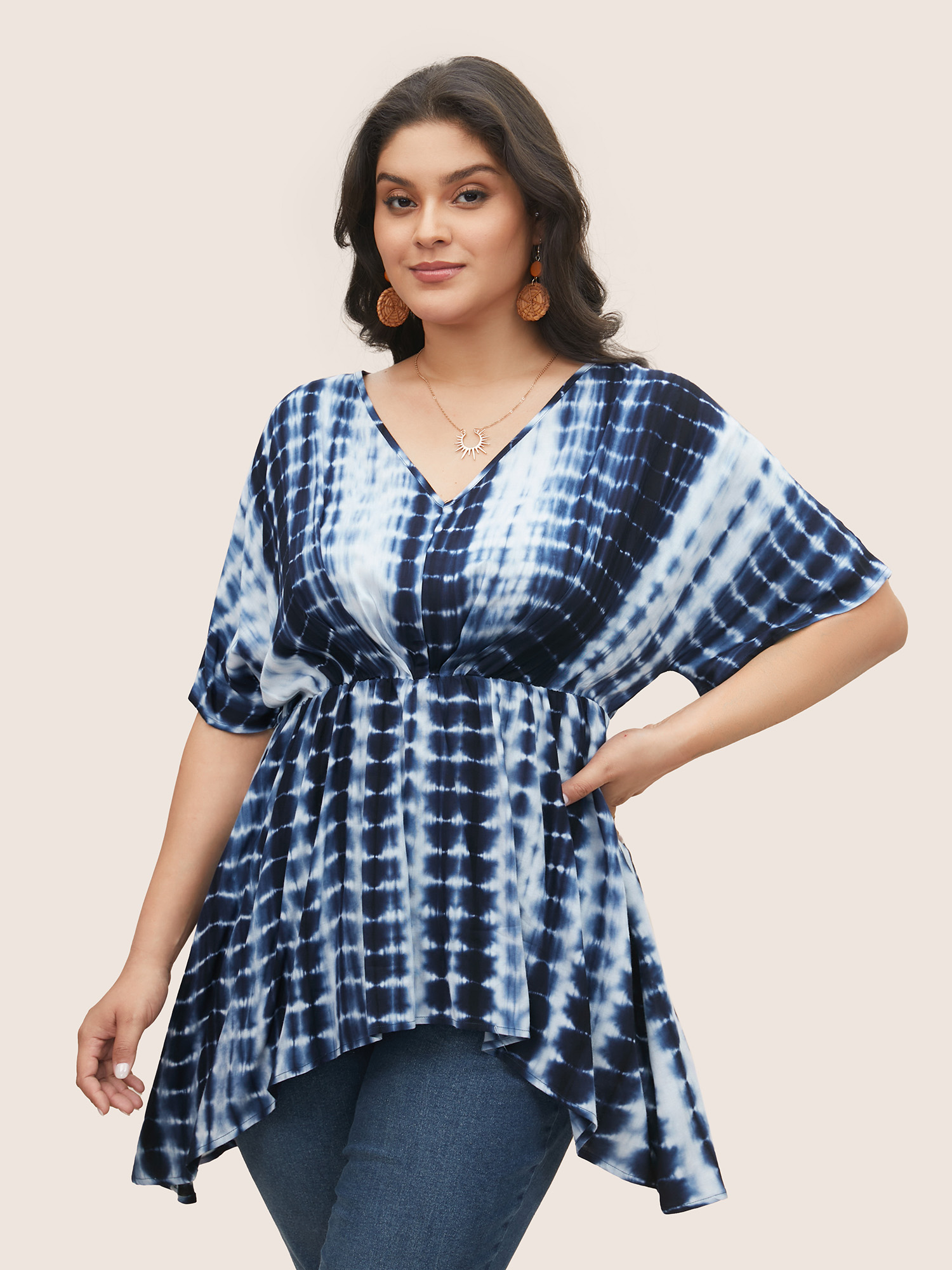 

Plus Size Indigo Rayon Tie Dye Asymmetrical Hem Blouse Women Resort Half Sleeve V-neck Vacation Blouses BloomChic