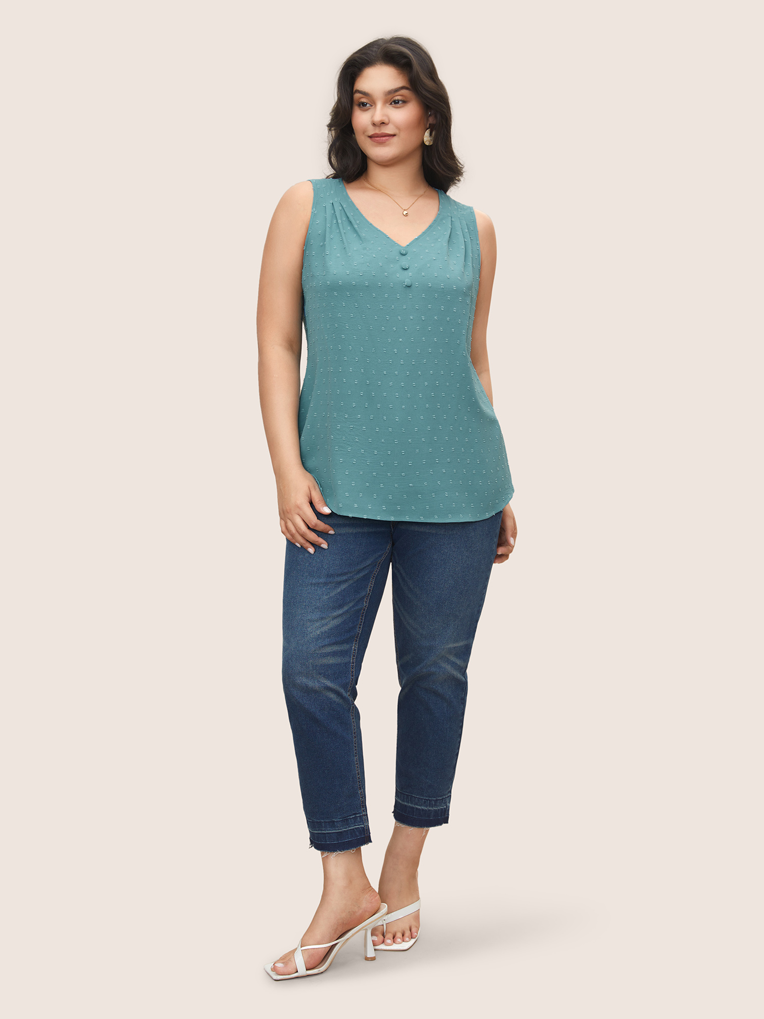 

Plus Size Jacquard Pleated Button Detail Tank Top Women Teal Casual Texture V-neck Everyday Tank Tops Camis BloomChic