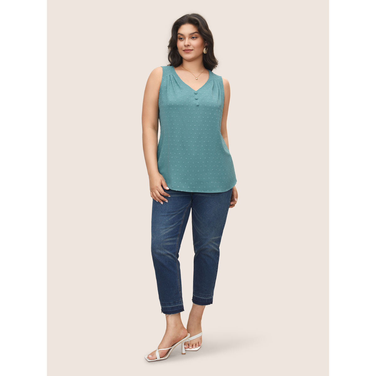 

Plus Size Jacquard Pleated Button Detail Tank Top Women Teal Casual Texture V-neck Everyday Tank Tops Camis BloomChic