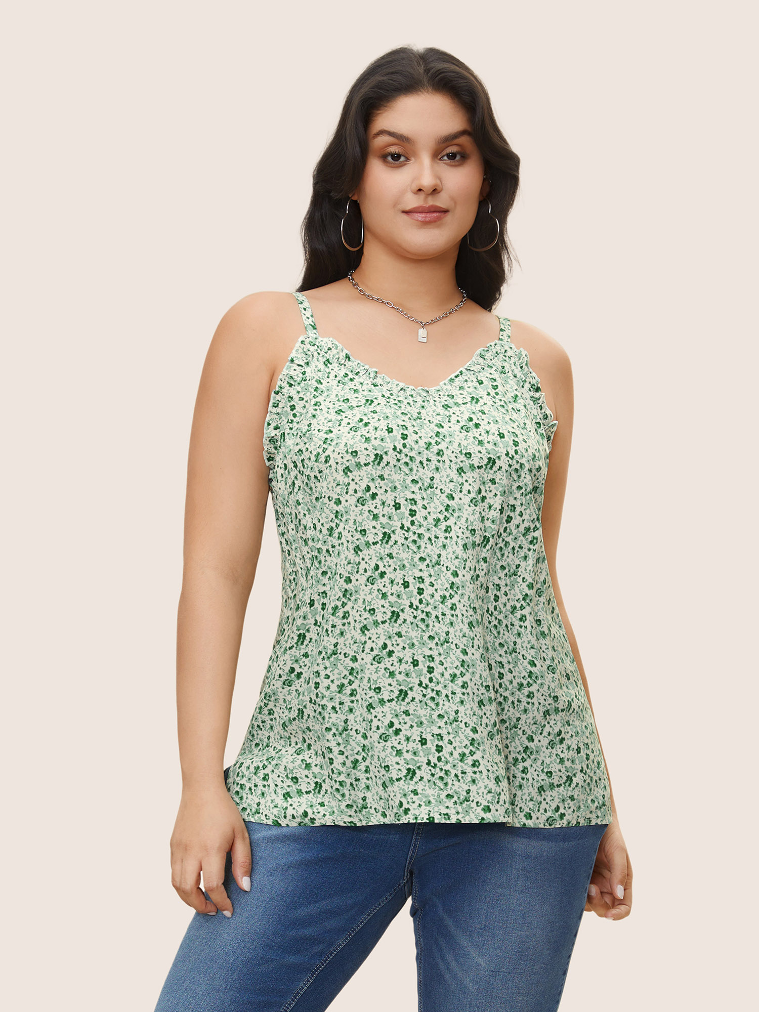 

Plus Size Ditsy Floral Frill Trim Adjustable Straps Cami Top Women Moss Casual Frill Trim V-neck Everyday Tank Tops Camis BloomChic
