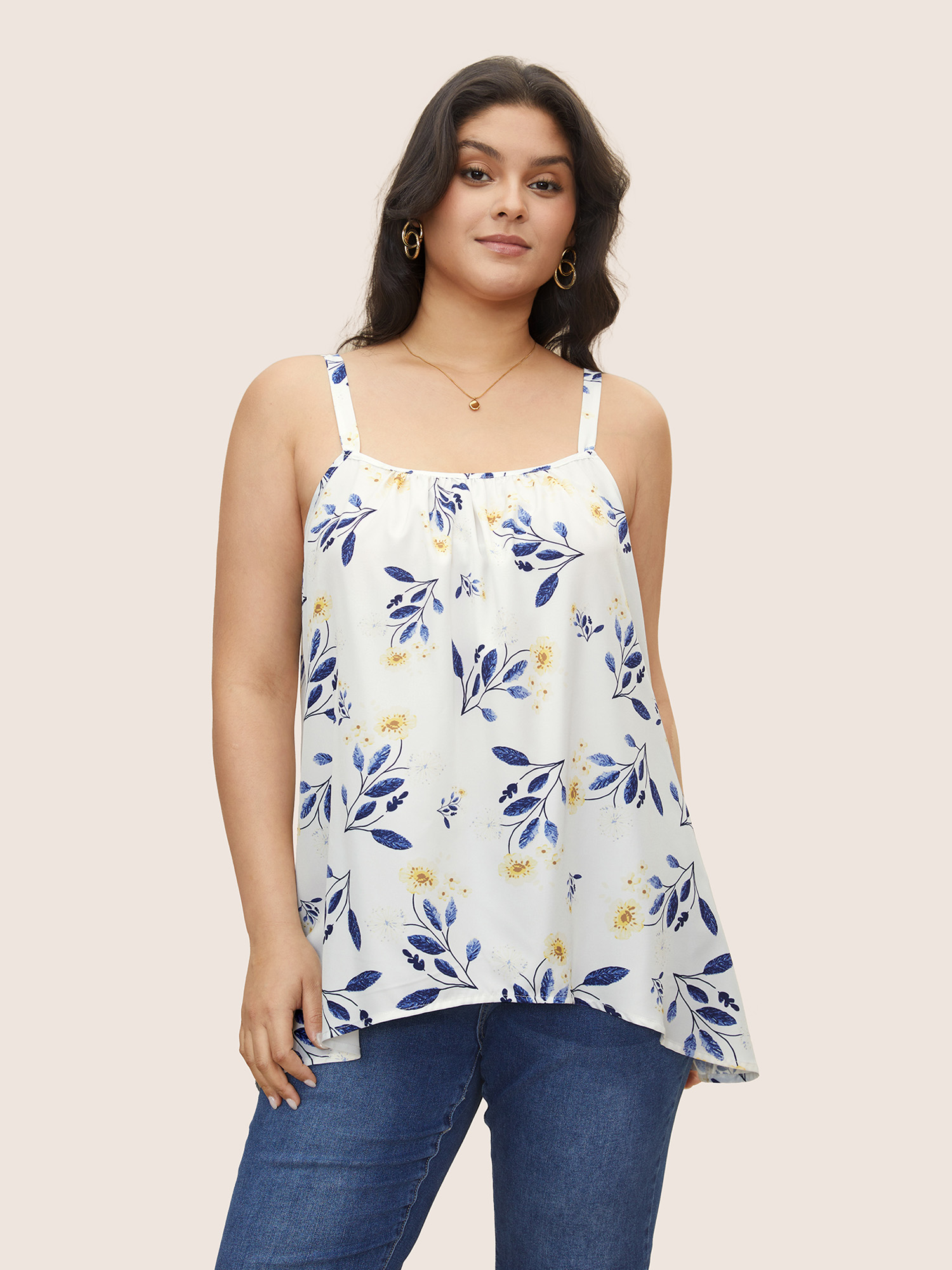 

Plus Size Floral Gathered Adjustable Straps Tank Top Women White Elegant Gathered Everyday Tank Tops Camis BloomChic