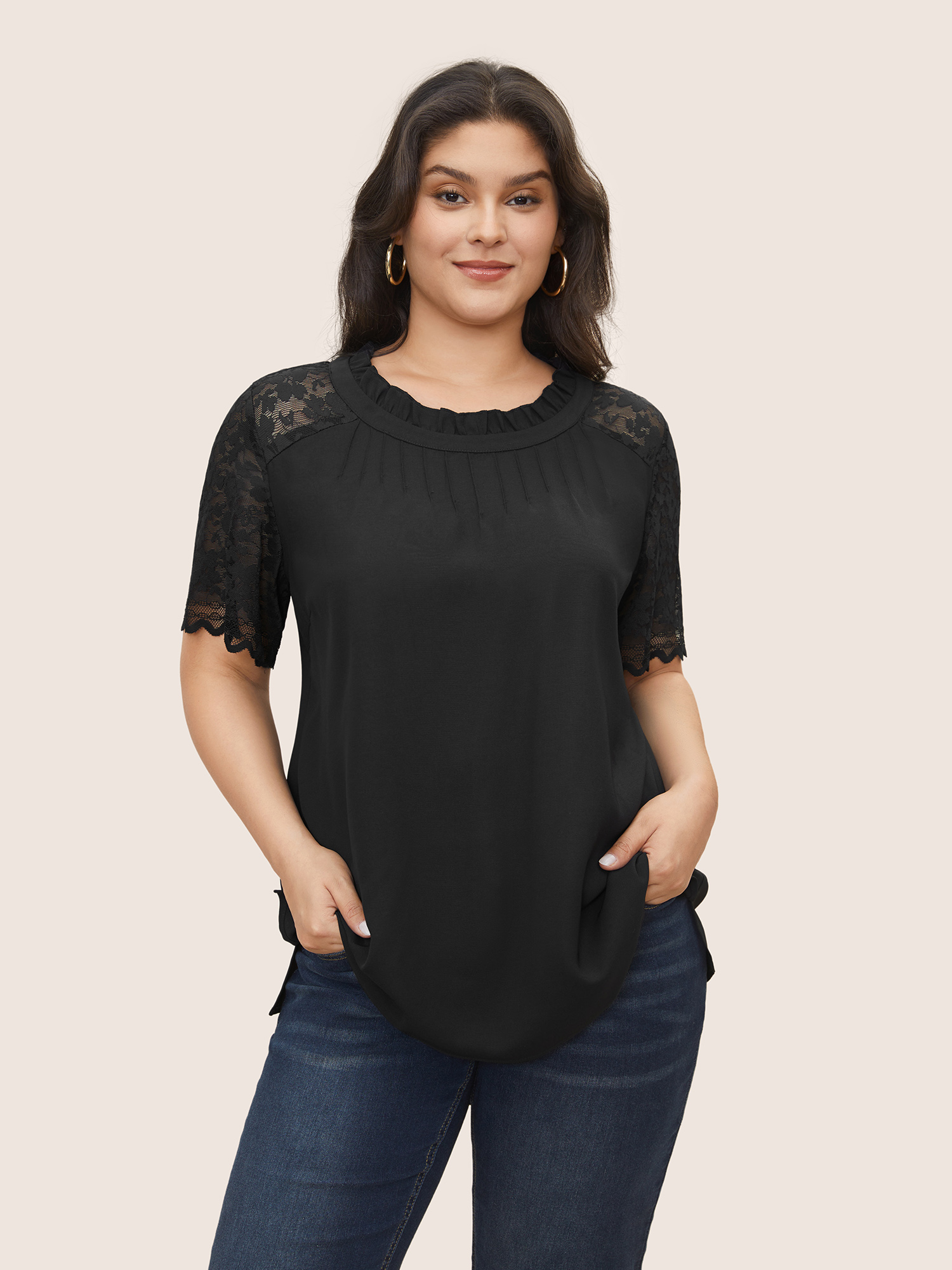 

Plus Size Black Lace Panel Pleated Frill Trim Raglan sleeve Blouse Women Elegant Short sleeve Round Neck Everyday Blouses BloomChic