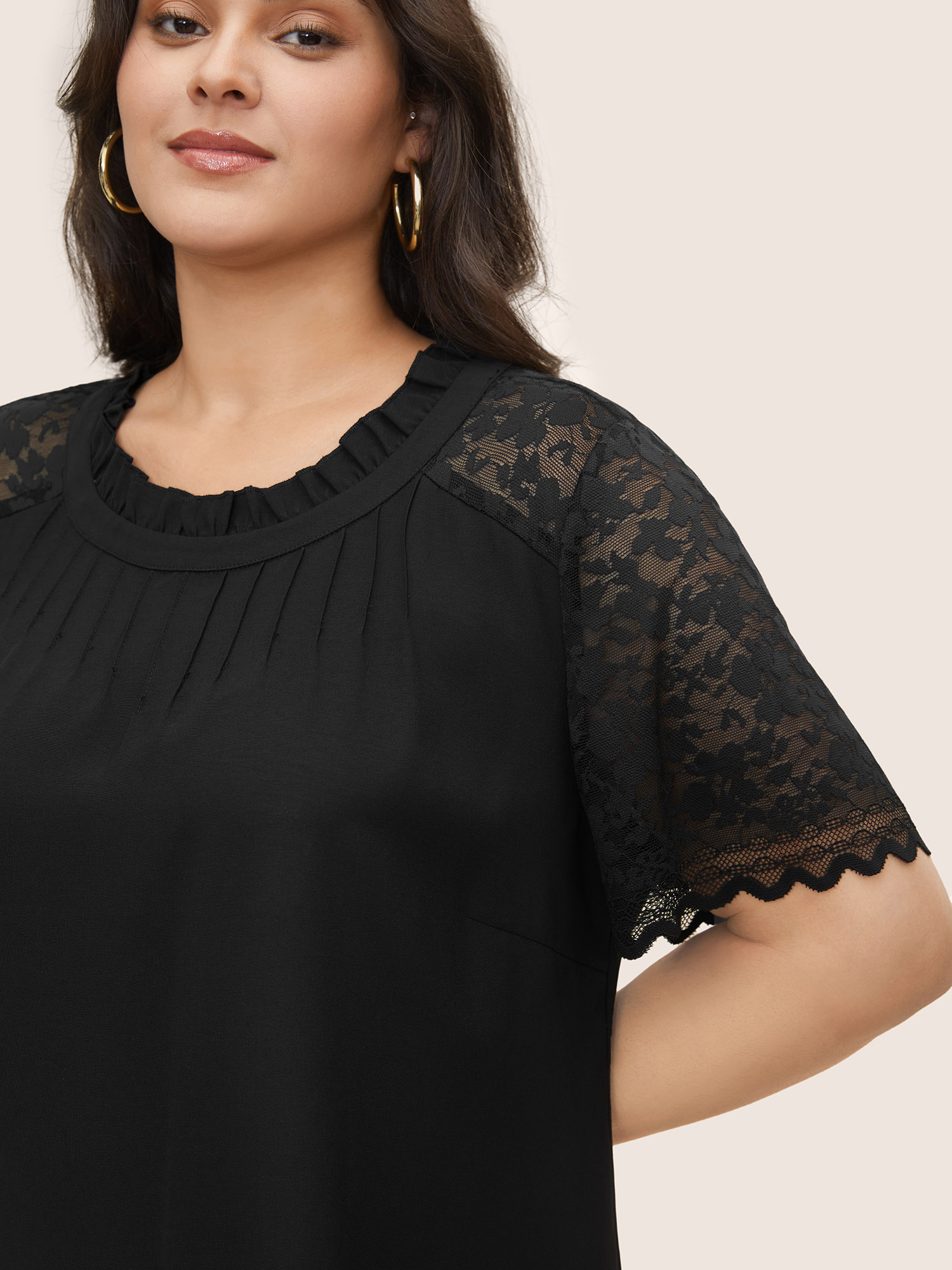 

Plus Size Black Lace Panel Pleated Frill Trim Raglan sleeve Blouse Women Elegant Short sleeve Round Neck Everyday Blouses BloomChic