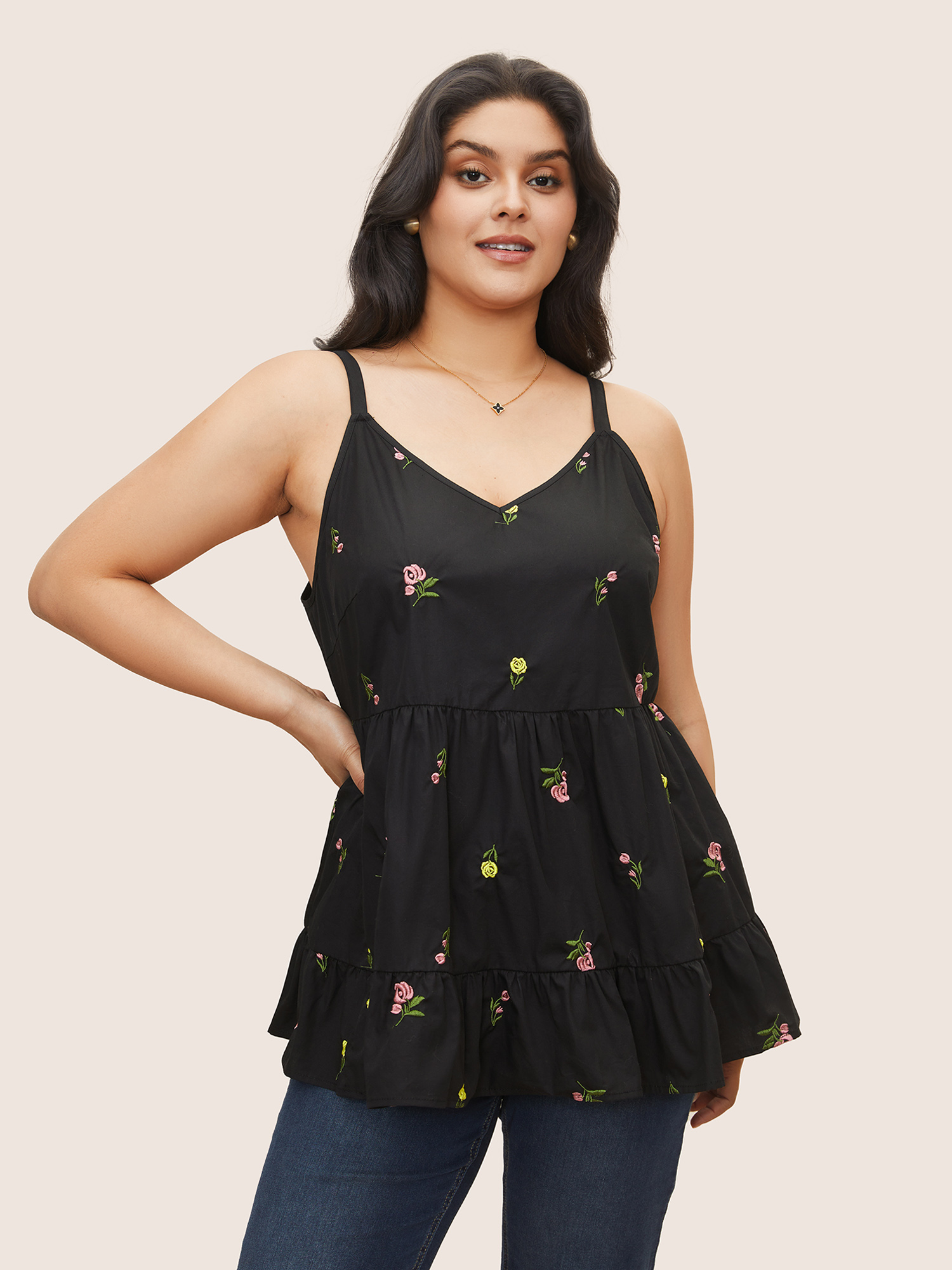 

Plus Size Floral Embroidered Adjustable Straps Cami Top Women Black Elegant Embroidered Everyday Tank Tops Camis BloomChic