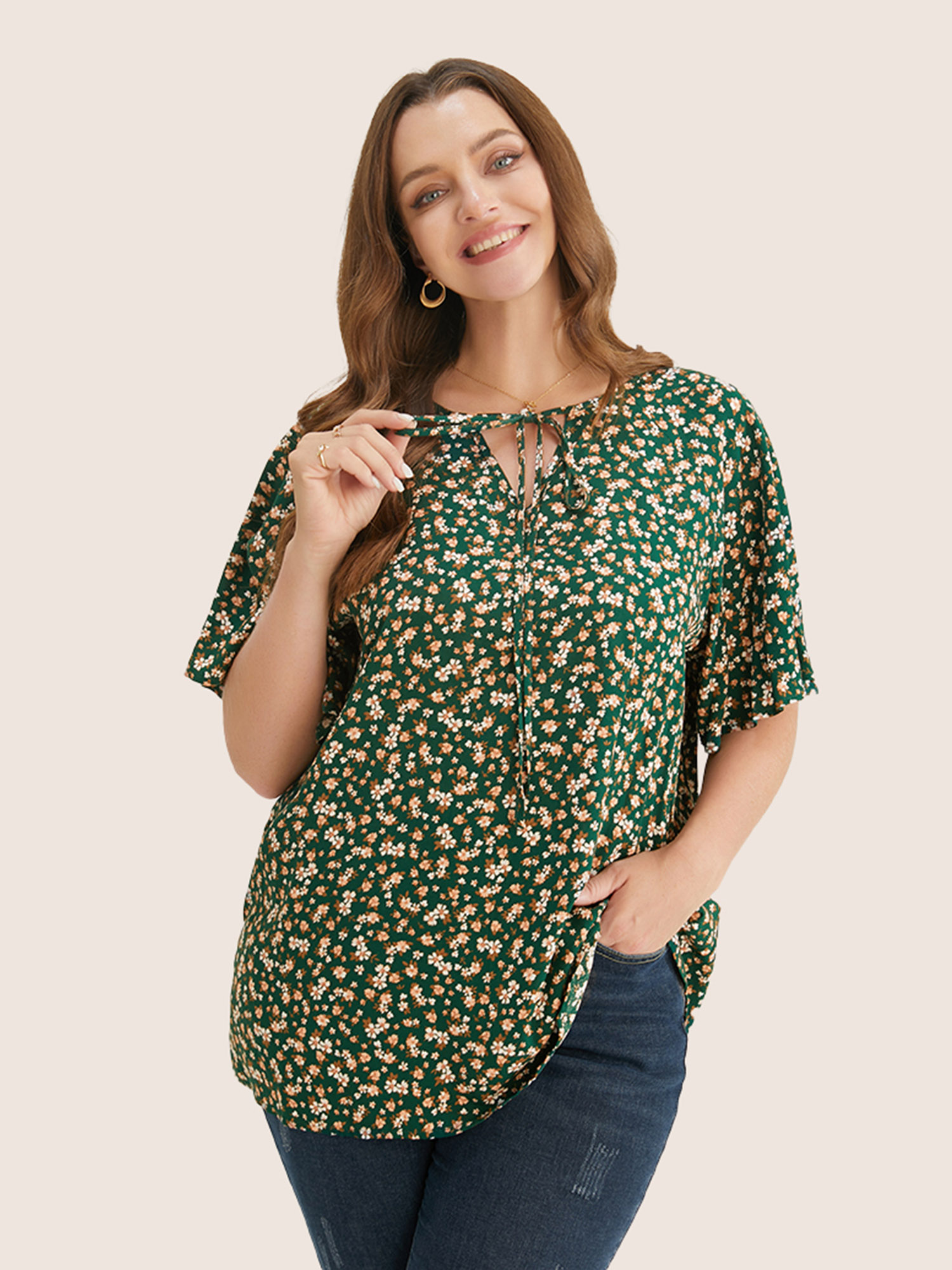 

Plus Size ArmyGreen Ditsy Floral Ruffle Sleeve Tie Neck Blouse Women Elegant Short sleeve V-neck Everyday Blouses BloomChic