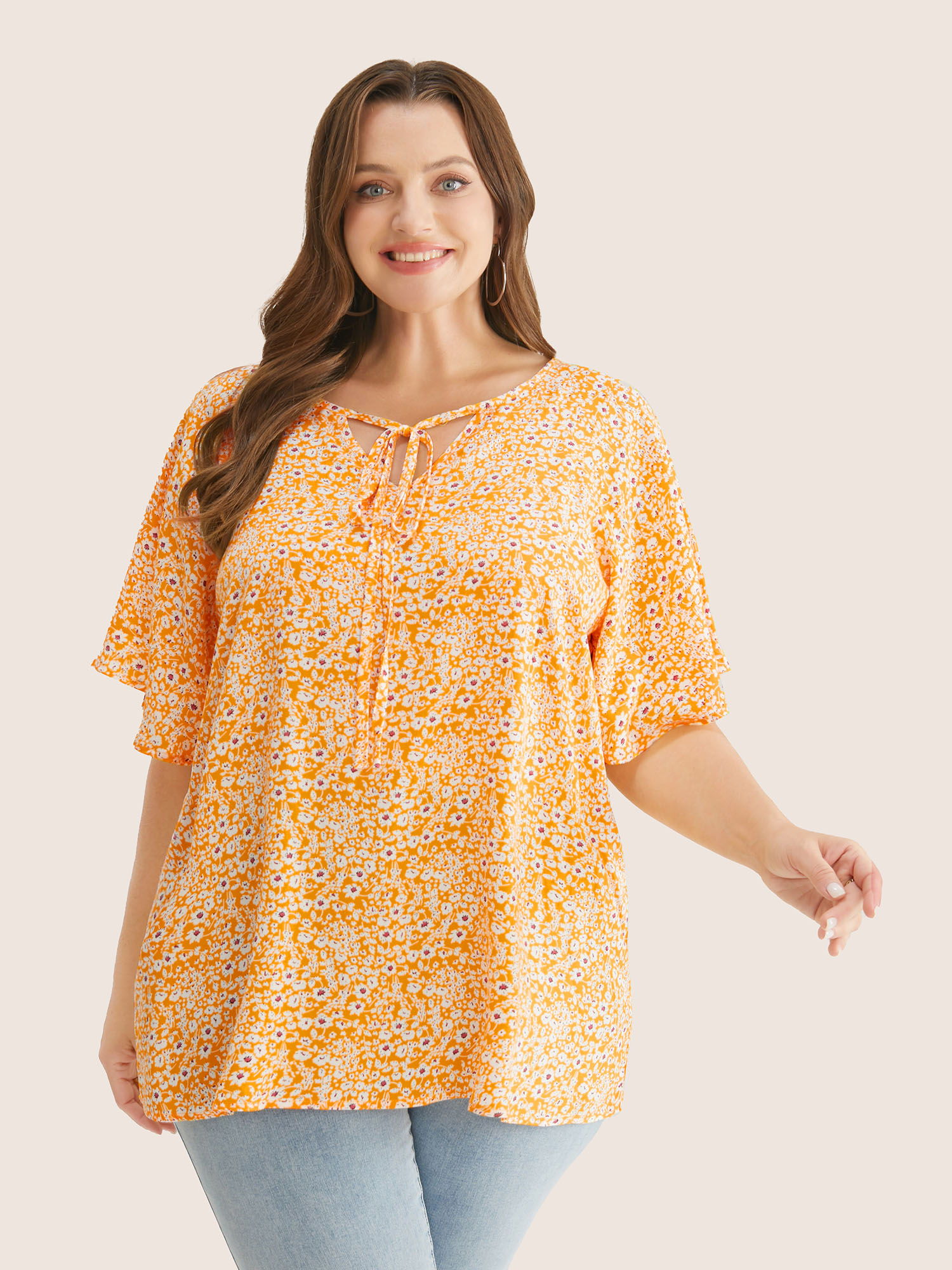 Plus Size Yellow Ditsy Floral Ruffle Sleeve Tie Neck Blouse Women Elegant Short sleeve V-neck Everyday Blouses BloomChic 18-20/2X 