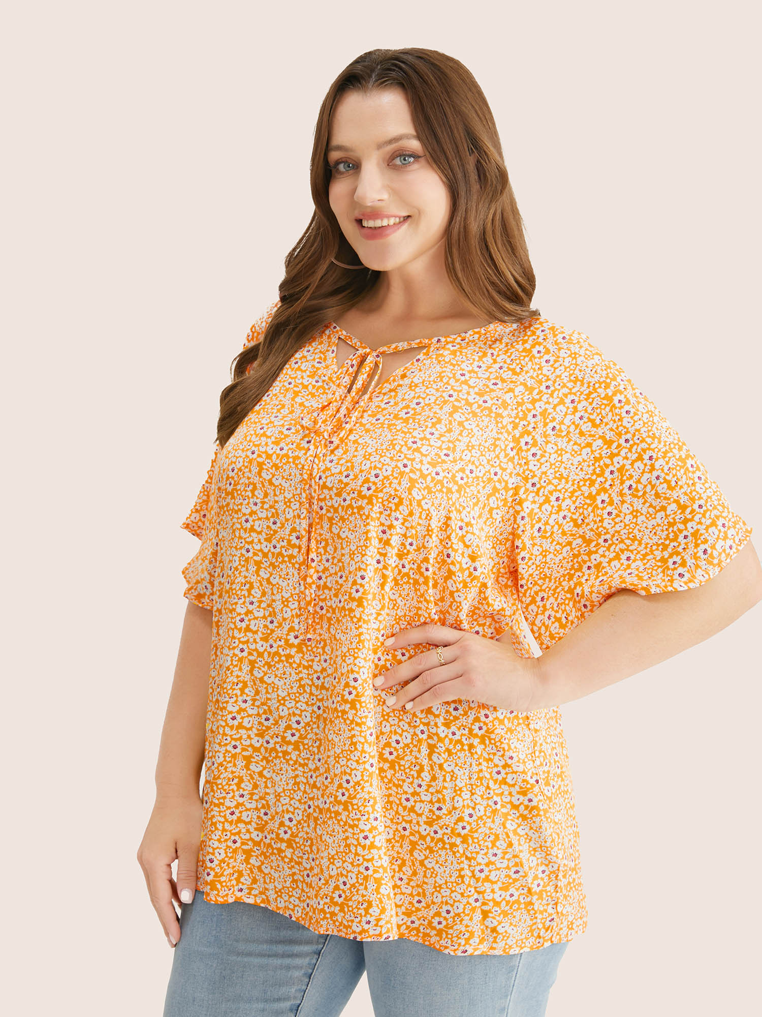 Plus Size Yellow Ditsy Floral Ruffle Sleeve Tie Neck Blouse Women Elegant Short sleeve V-neck Everyday Blouses BloomChic 18-20/2X 