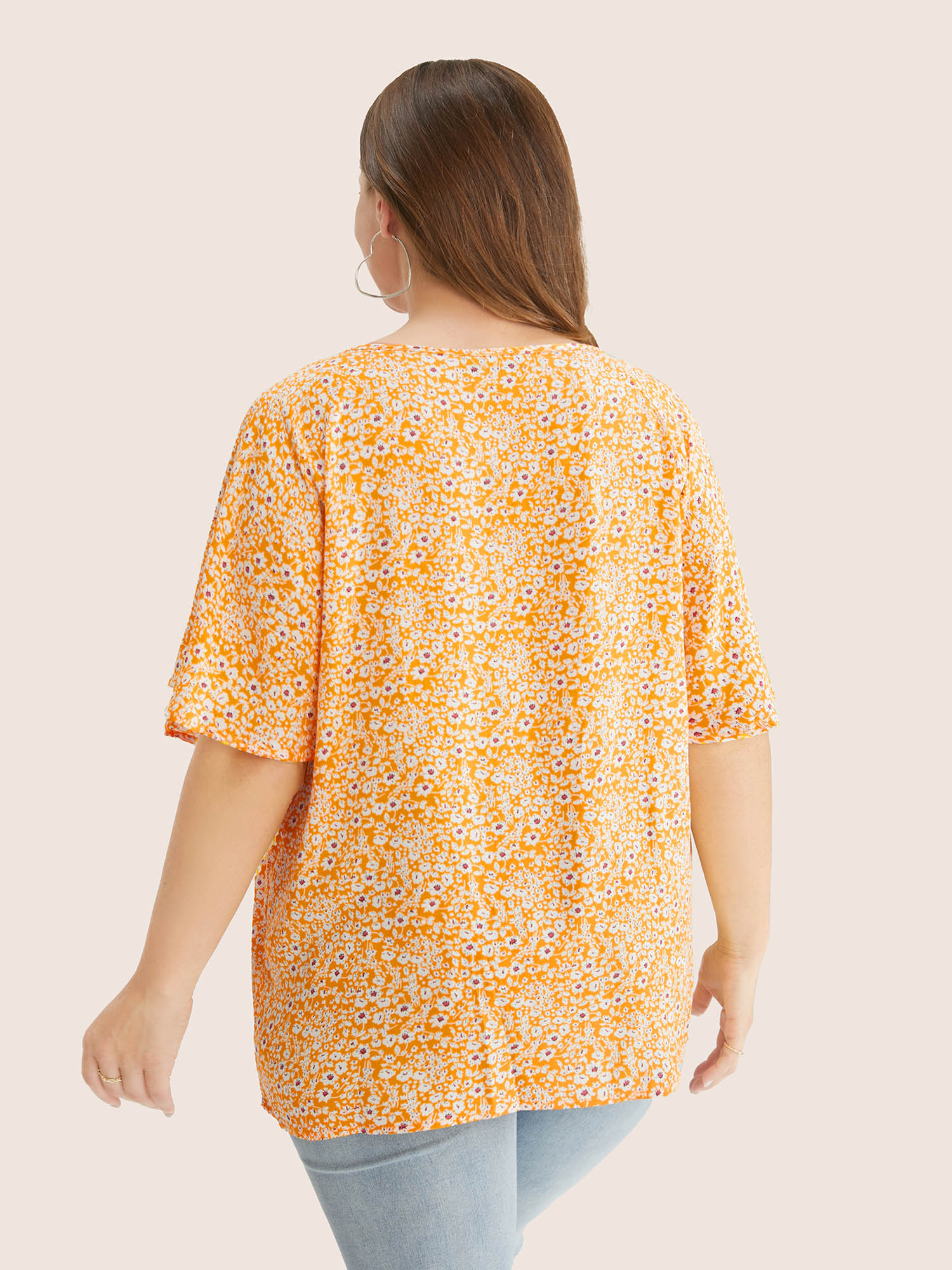 Plus Size Yellow Ditsy Floral Ruffle Sleeve Tie Neck Blouse Women Elegant Short sleeve V-neck Everyday Blouses BloomChic 18-20/2X 