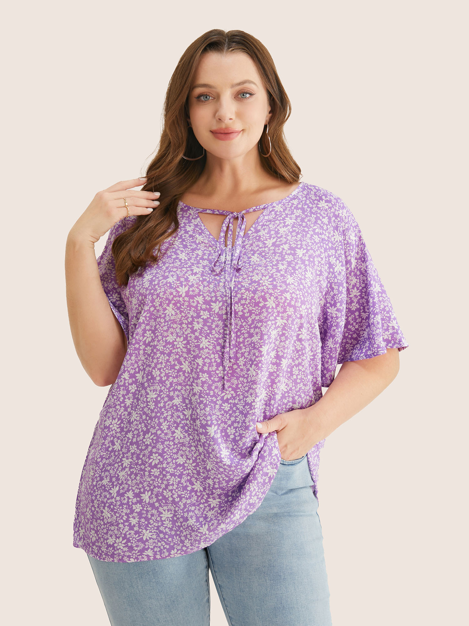 

Plus Size Purple Ditsy Floral Ruffle Sleeve Tie Neck Blouse Women Elegant Short sleeve V-neck Everyday Blouses BloomChic