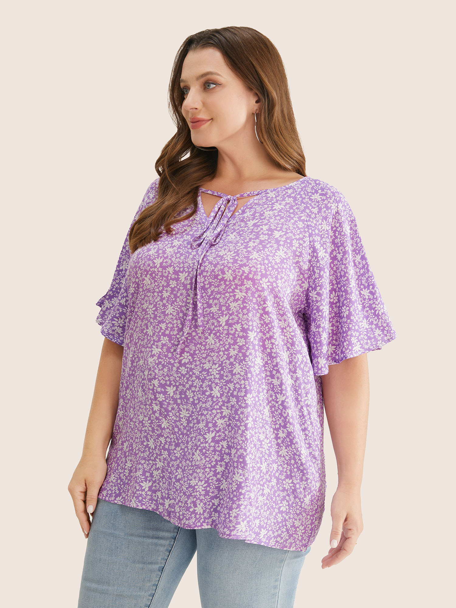 Plus Size Purple Ditsy Floral Ruffle Sleeve Tie Neck Blouse Women Elegant Short sleeve V-neck Everyday Blouses BloomChic 22-24/3X 