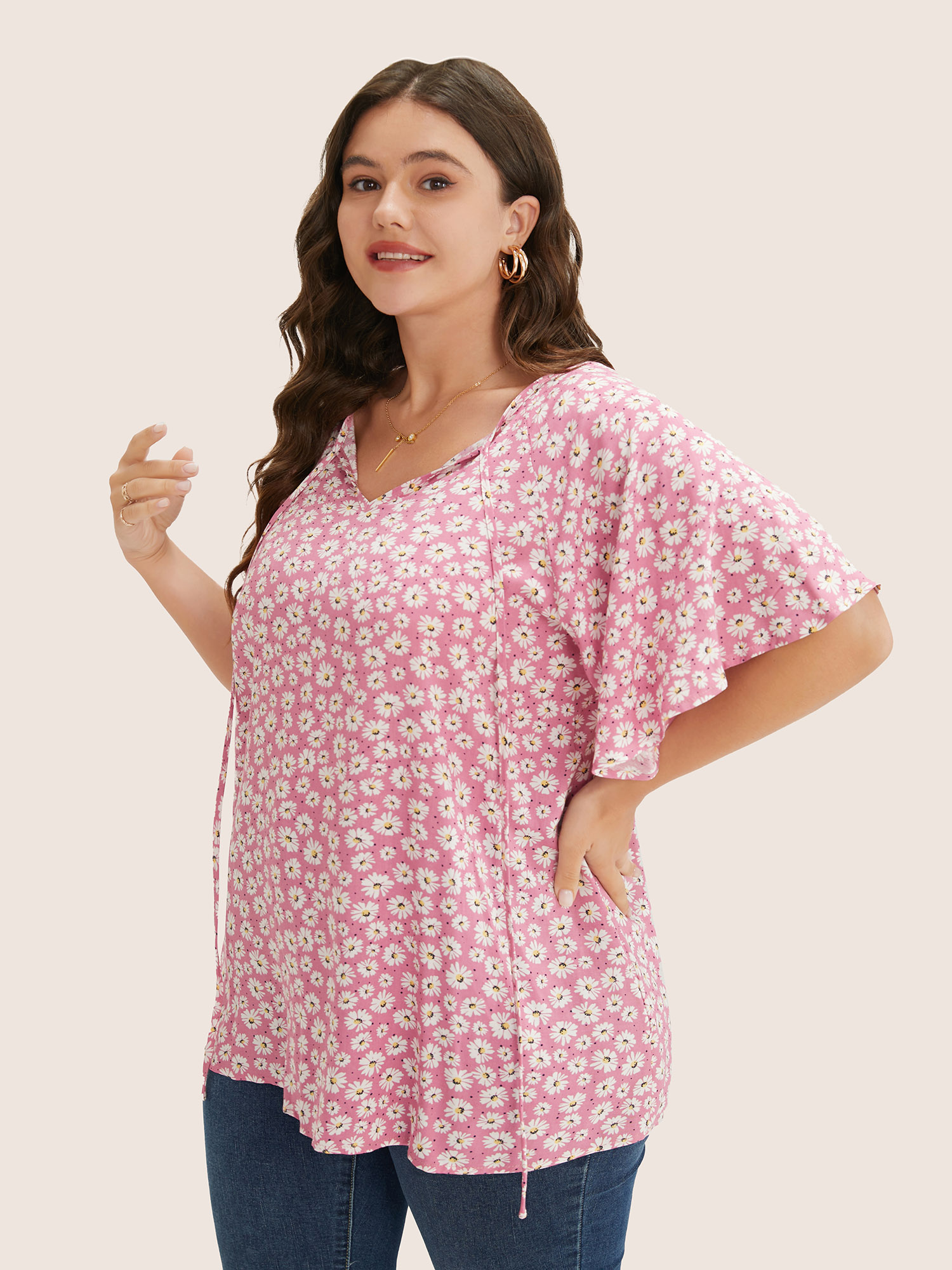 Plus Size Pink Ditsy Floral Ruffle Sleeve Tie Neck Blouse Women Elegant Short sleeve V-neck Everyday Blouses BloomChic 22-24/3X 
